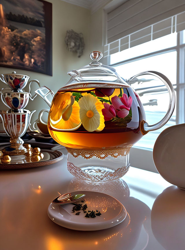 Glass Teapot with Floral Designs, Amber Tea, Cup, Saucer, Spoon, and Tea Leaves