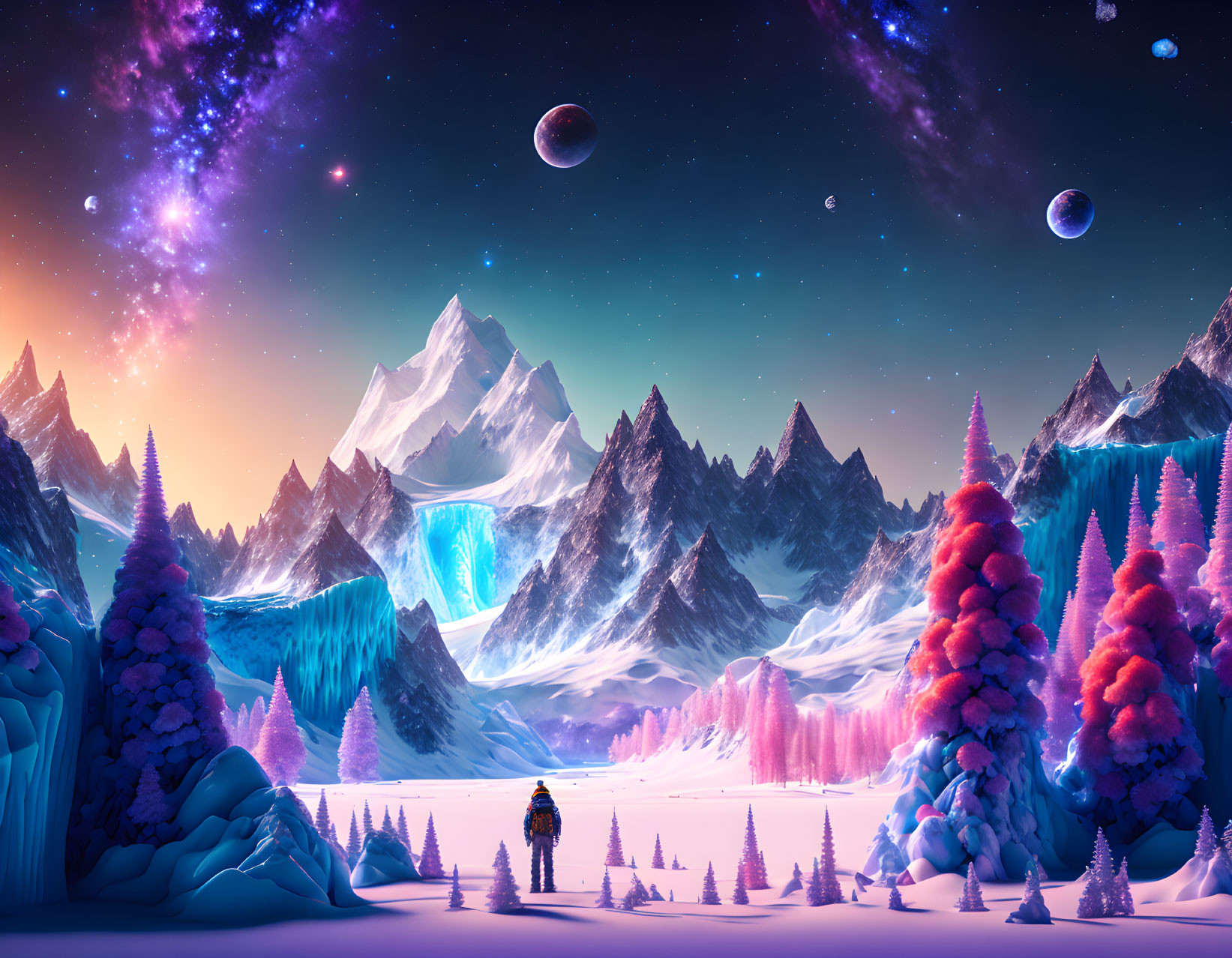 Person in Snowy Mountains under Starry Sky with Planets and Colorful Trees