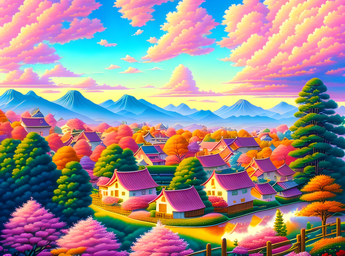 Colorful Illustration: Picturesque Village with Traditional Houses and Vibrant Landscape