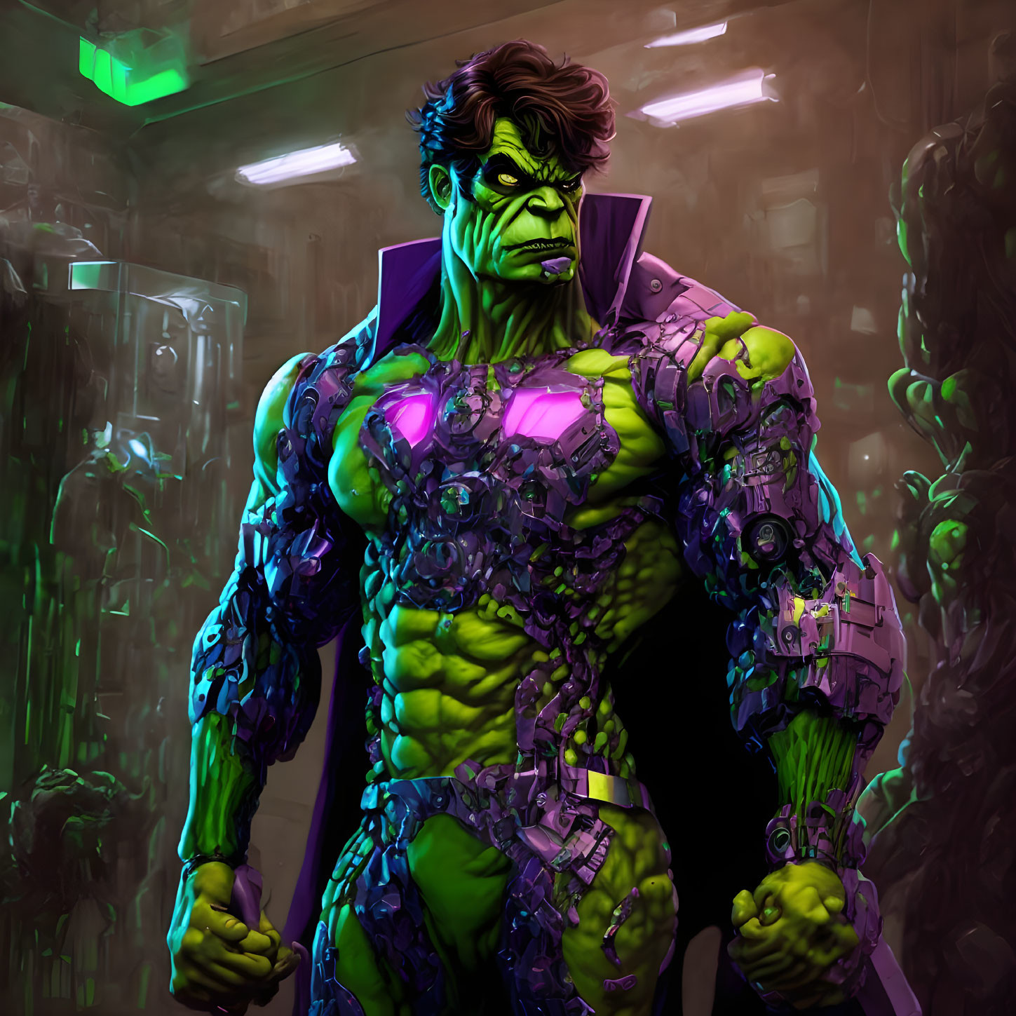 Green-skinned character in purple armor in lab setting with capsules.