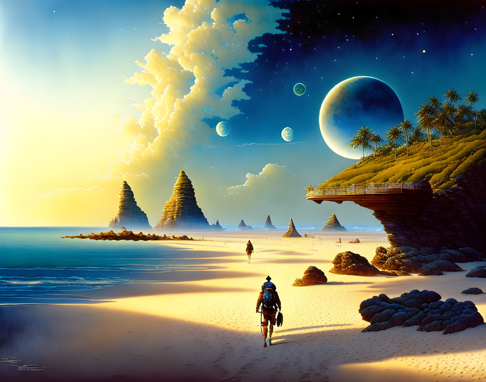 Surreal twilight beach landscape with person, camel, rock formations, greenery, and multiple moons