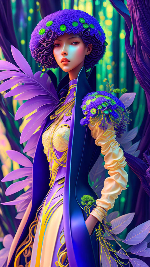 Colorful digital art: Woman with purple hair in yellow and blue outfit in magical forest.