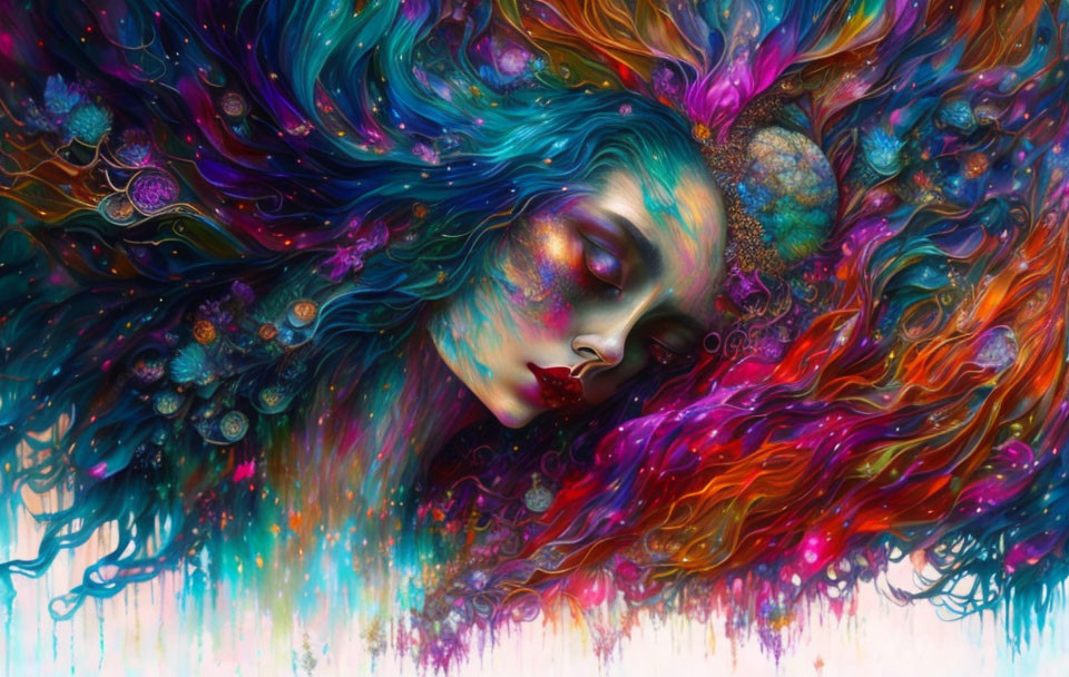 Colorful surreal painting: Woman with flowing hair and abstract shapes