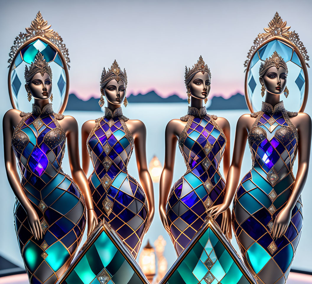 Metallic female figures with elaborate headdresses and geometric patterns on soft-focus background.