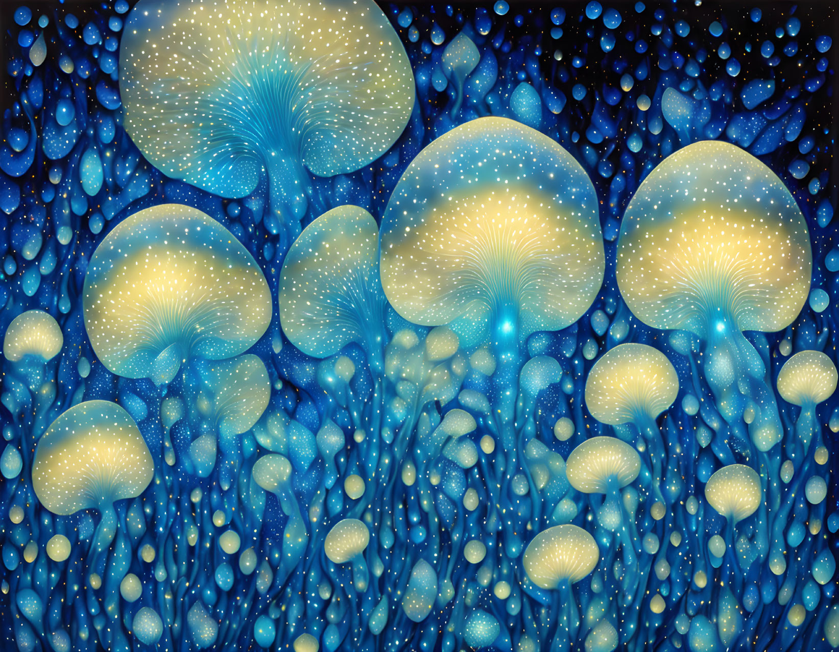 Bioluminescent jellyfish shapes in deep blue sea illustration