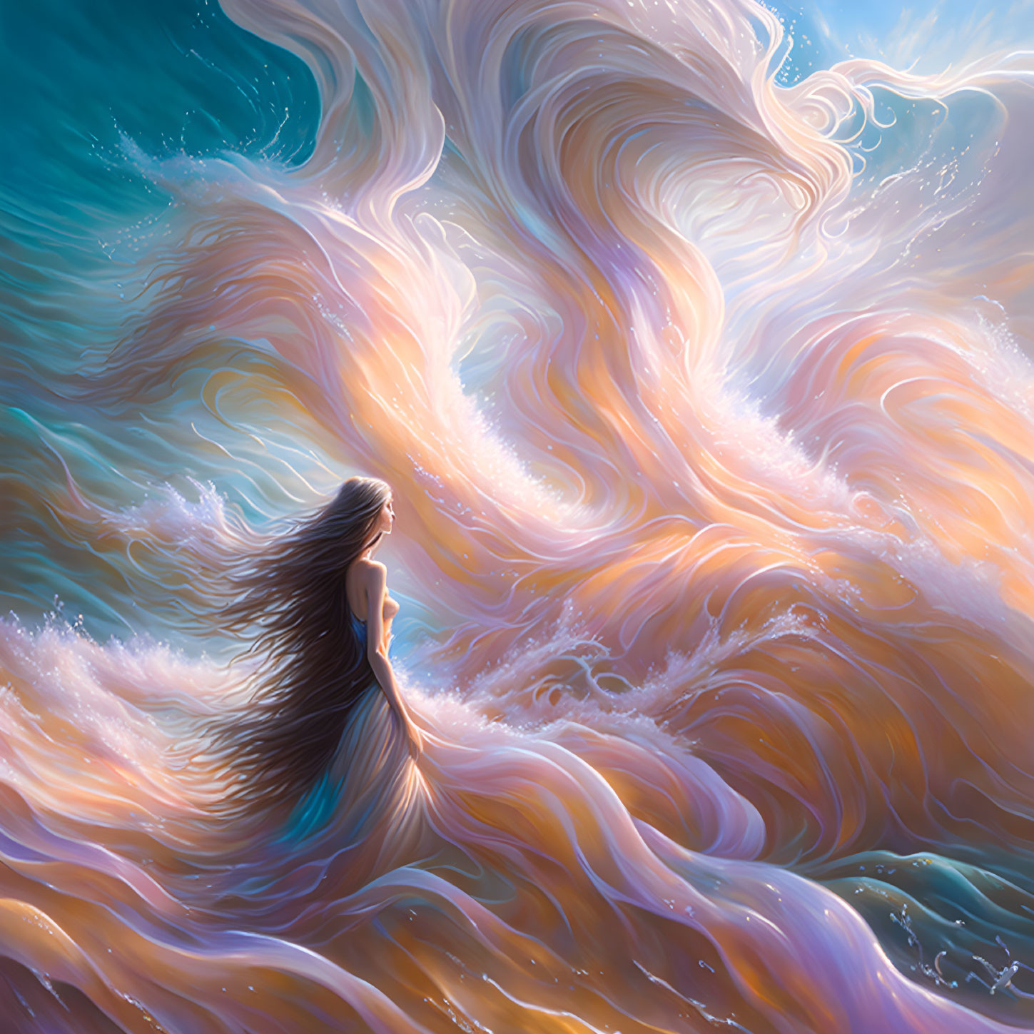 Woman blending with vibrant wave-like energy in orange and blue hues