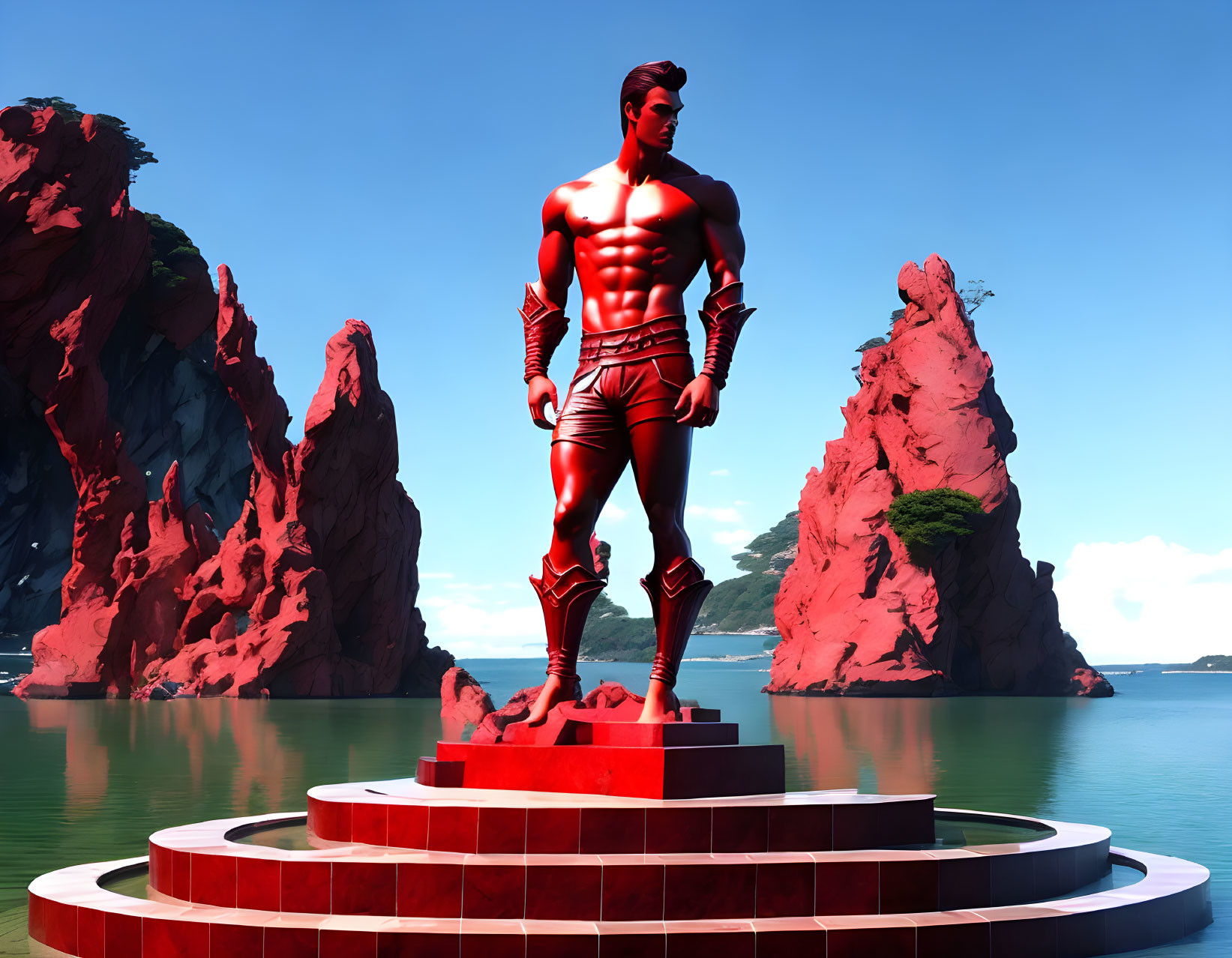 Red Heroic Statue on Circular Platform by Water, Red Cliffs & Blue Sky