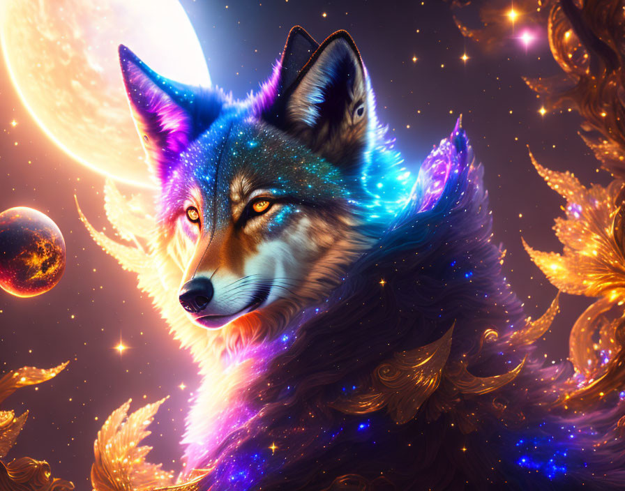 Colorful cosmic wolf art with stars, moon, and celestial theme