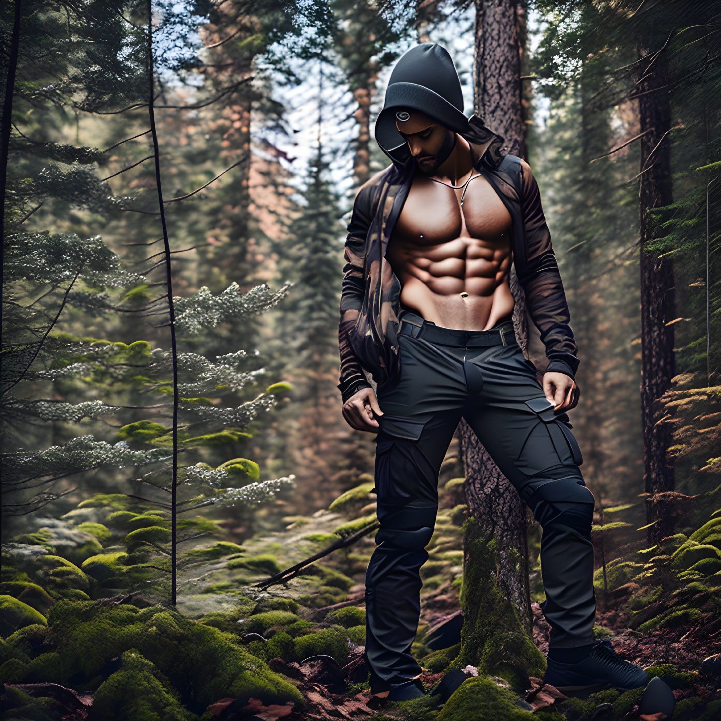 Muscular man in open jacket shows abs in forest setting.