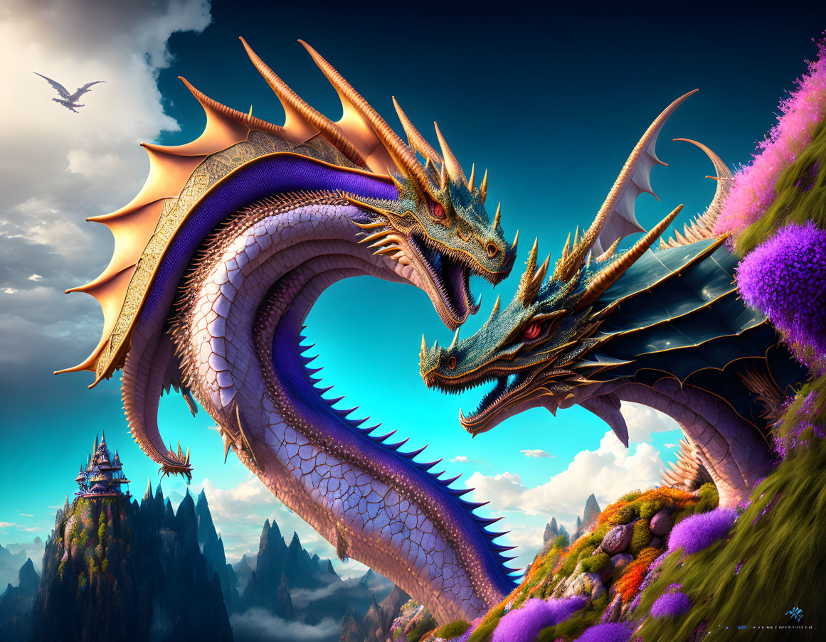 Fantasy landscape with intertwined dragons, castle, colorful flora, and floating islands