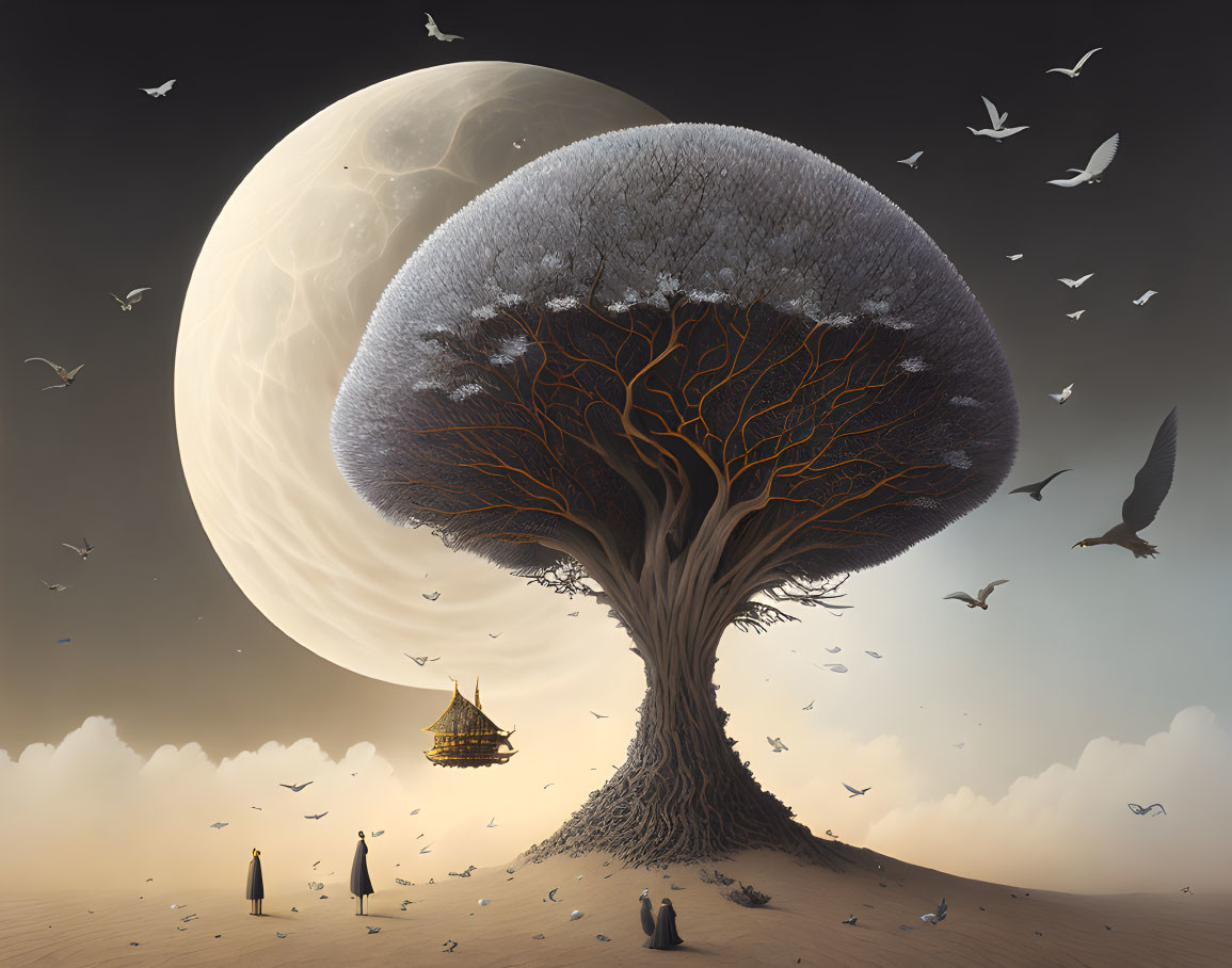 Surreal landscape with giant mushroom tree, temple, birds, moon in desert setting