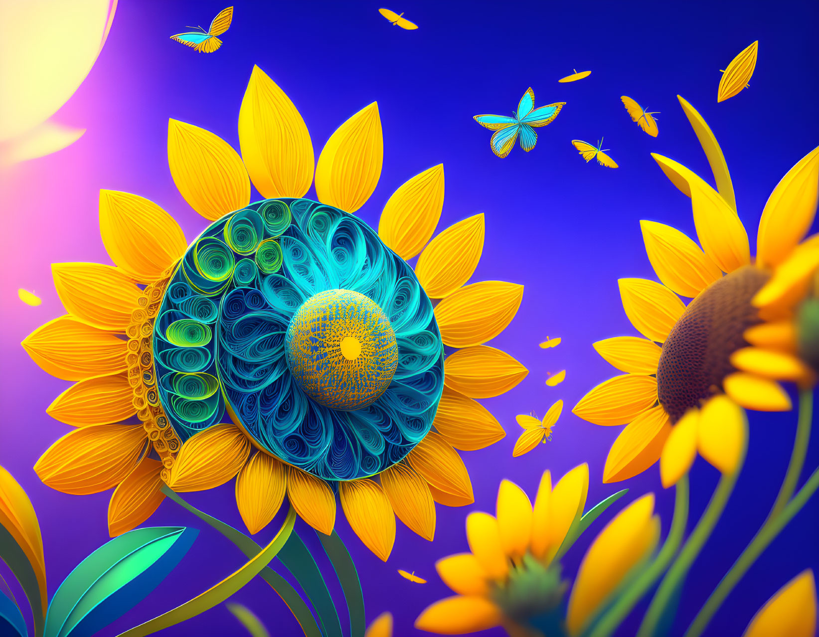 Colorful digital artwork: stylized sunflower with spiral center, glowing butterflies, sunflowers on blue