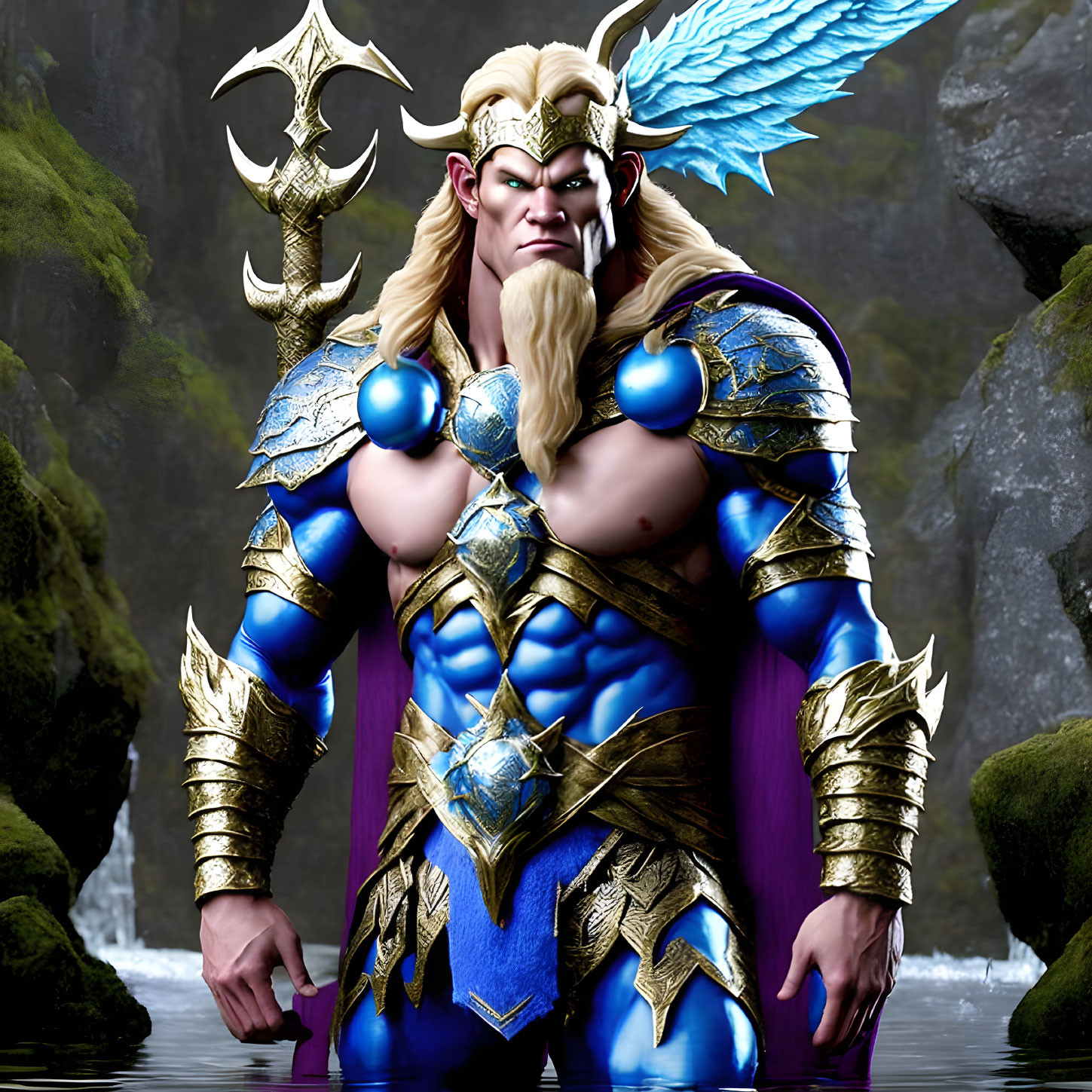 Fantasy character in blue and gold armor on mossy rocks