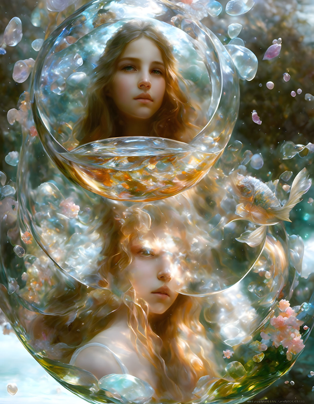 Ethereal women in bubbles with fish and floral elements on dreamy backdrop