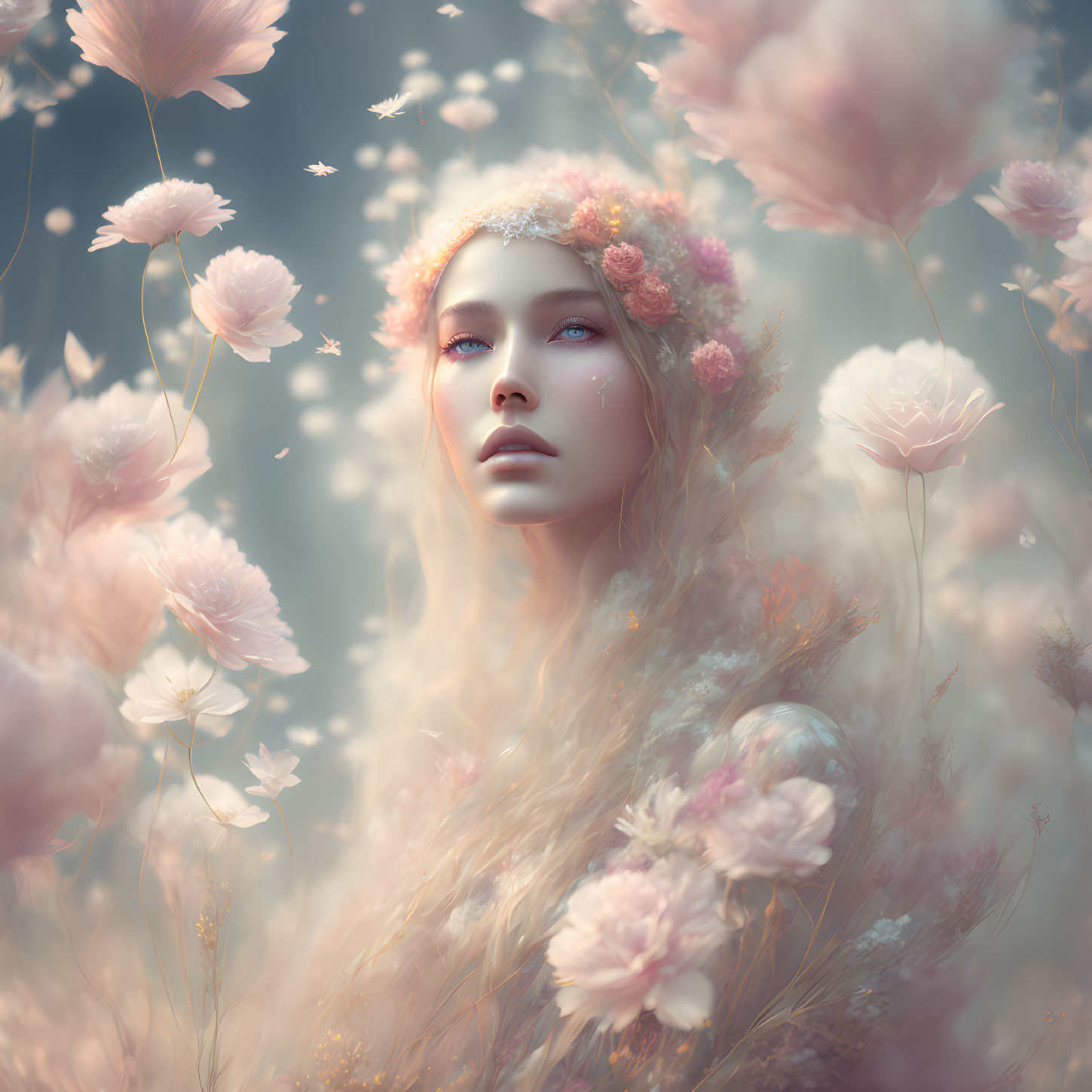 Woman portrait with soft pink flowers and floral hair adornments on dreamy background
