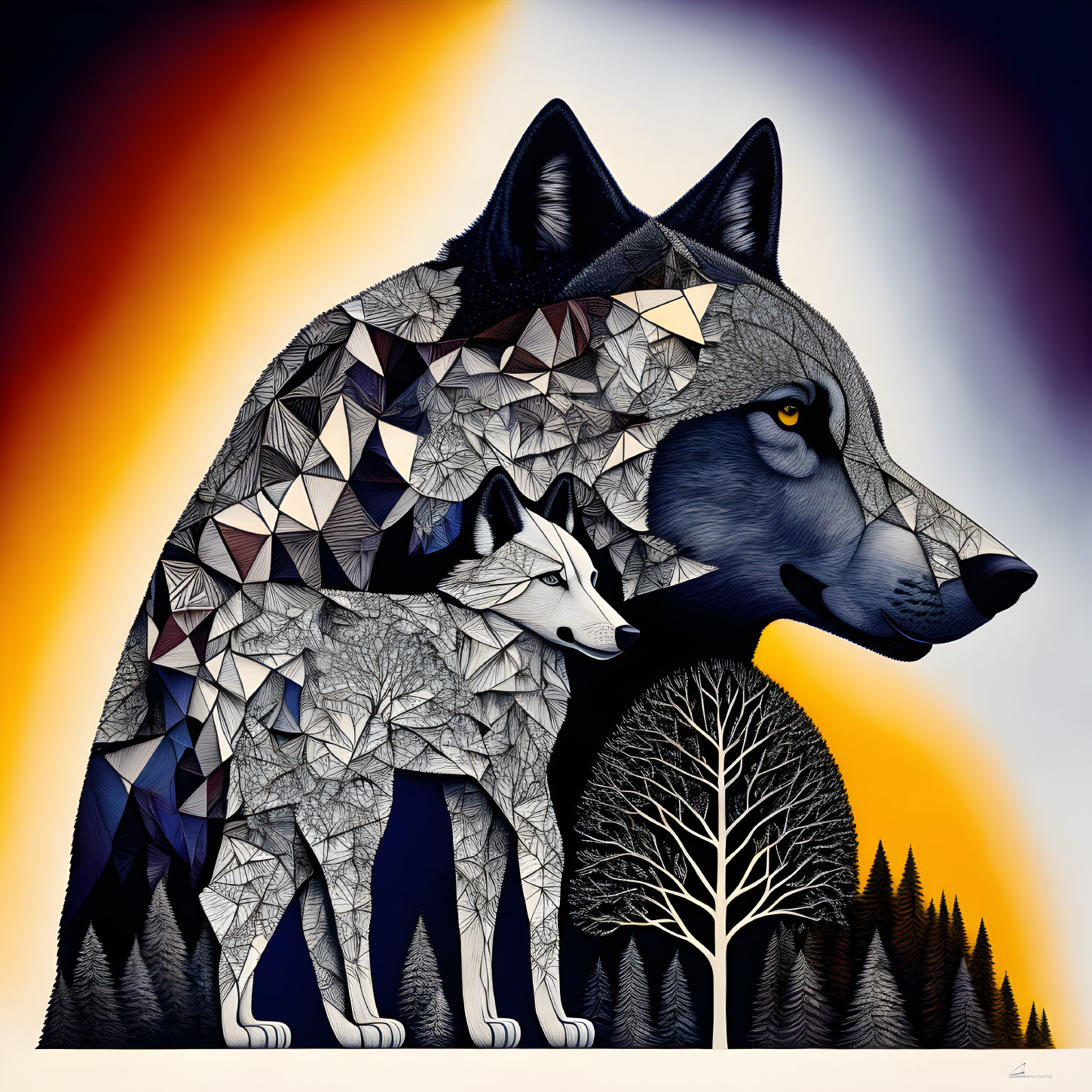 Stylized wolves with geometric patterns on orange gradient background