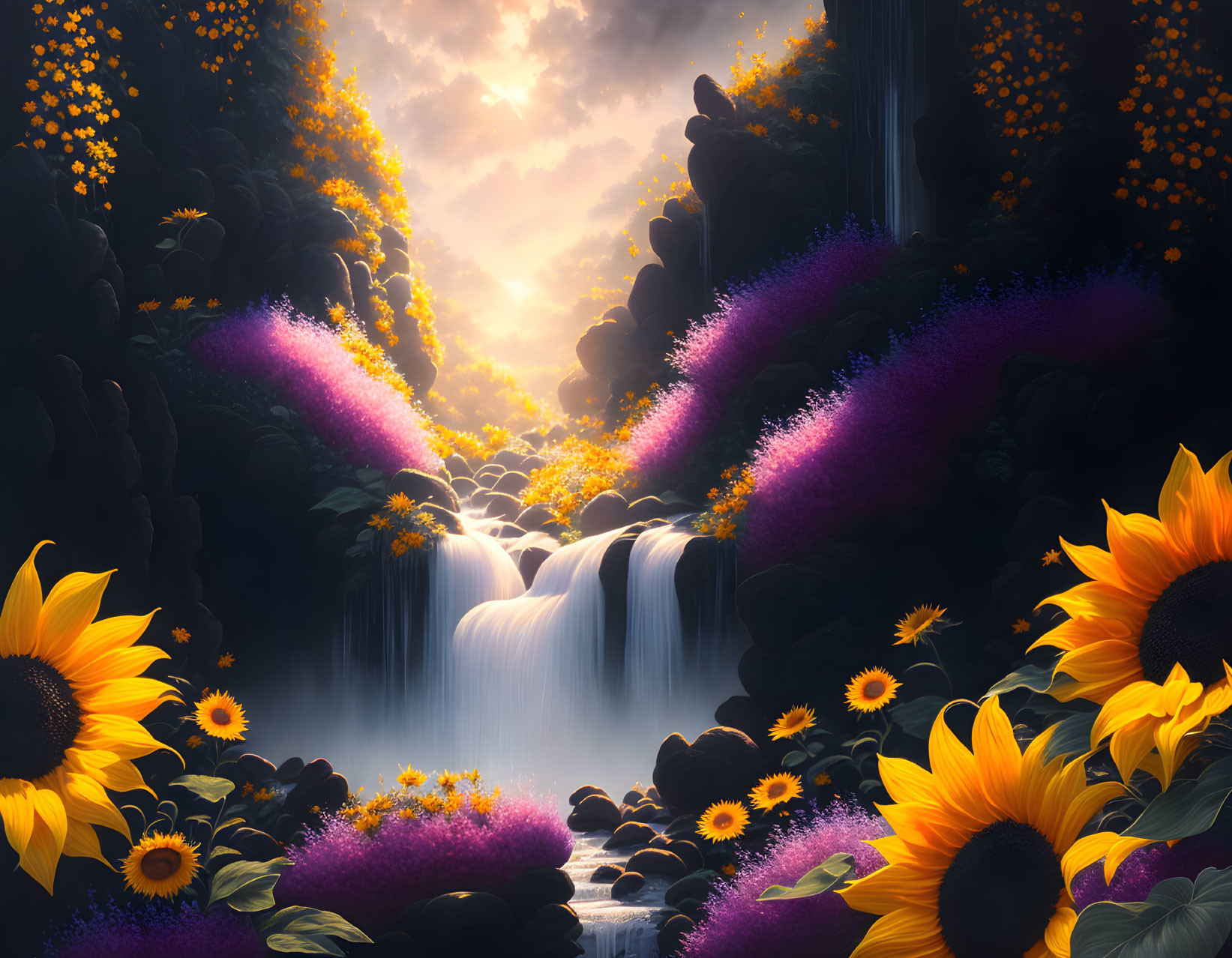 Tranquil waterfall with sunflowers and colorful flora