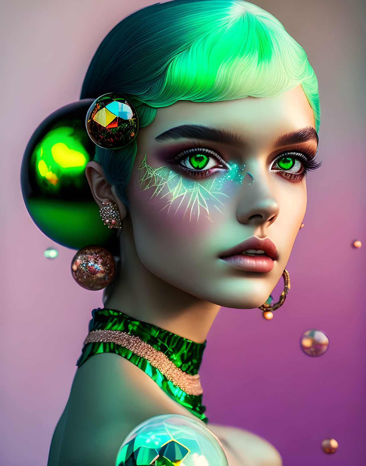 Digital artwork featuring woman with green hair, cosmic makeup, shiny jewelry, pastel background.