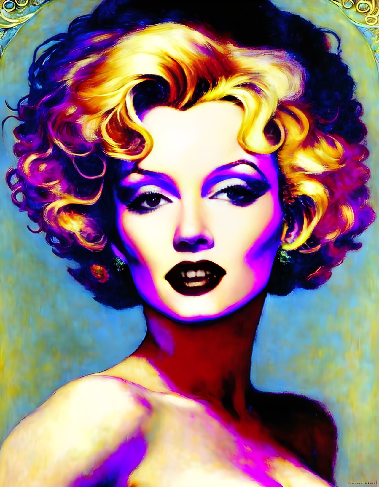 Colorful Portrait of Woman with Bold Makeup and Short Curly Blonde Hair