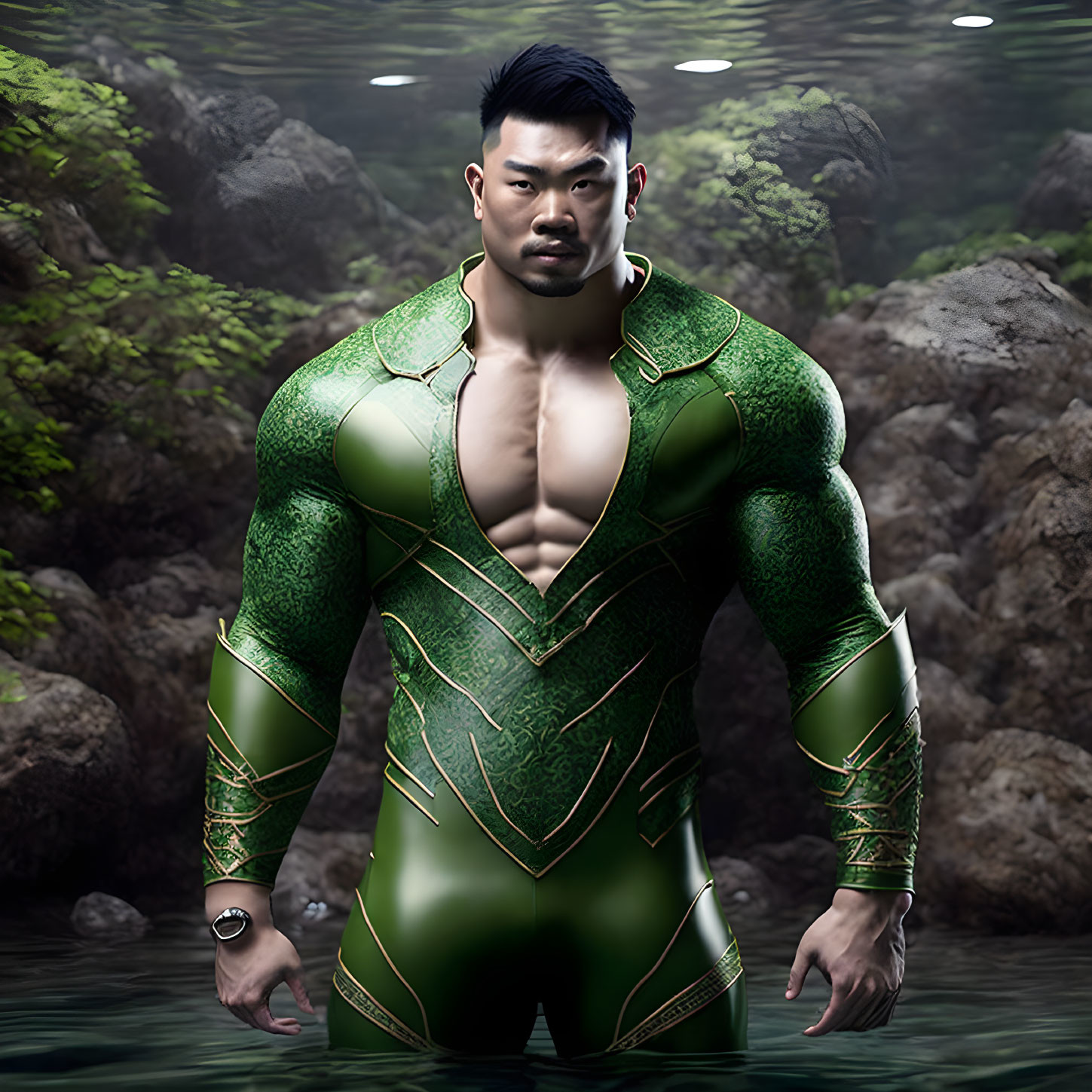 Muscular male character in green and gold suit on misty rocky terrain