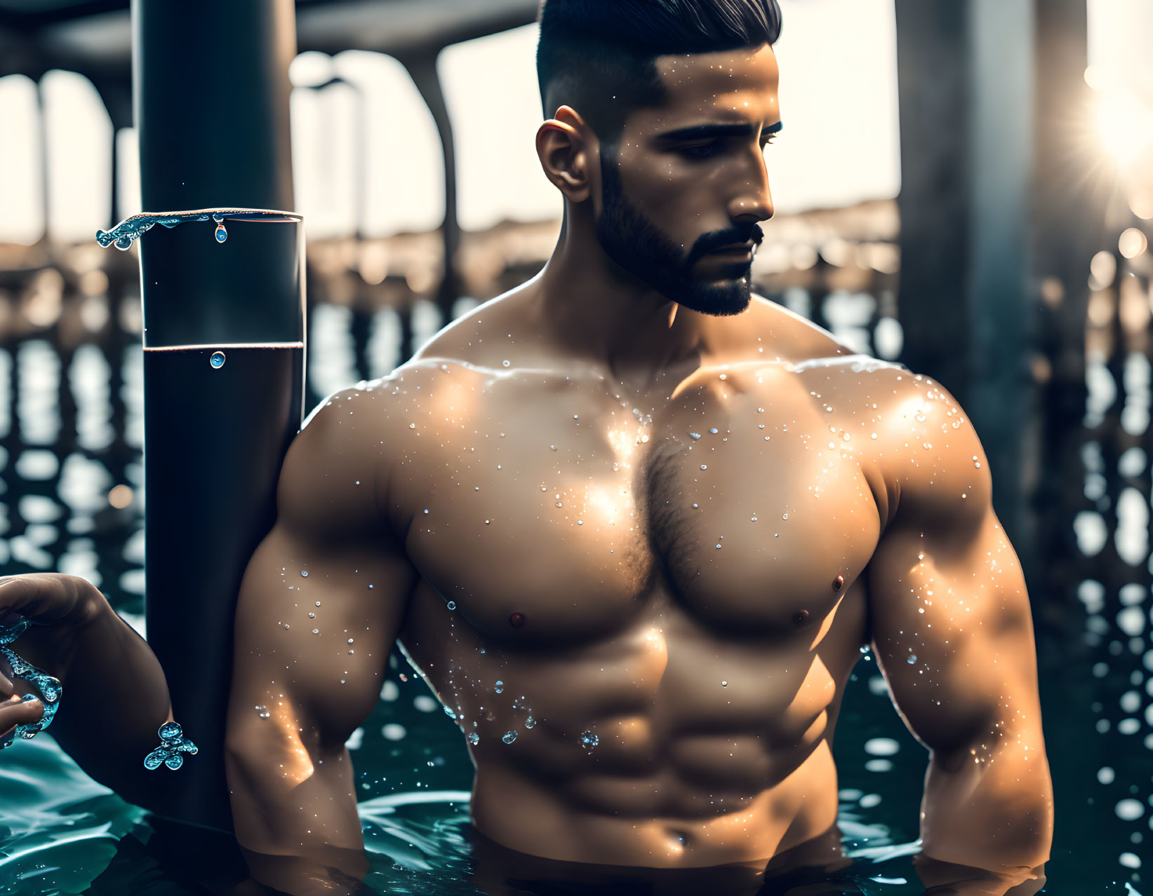 Bearded shirtless man in water at sunset with water droplets and sunlight.