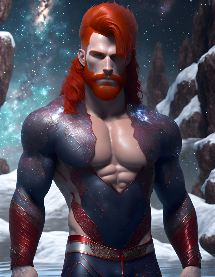 Muscular red-haired male in blue and red suit on snowy mountain backdrop