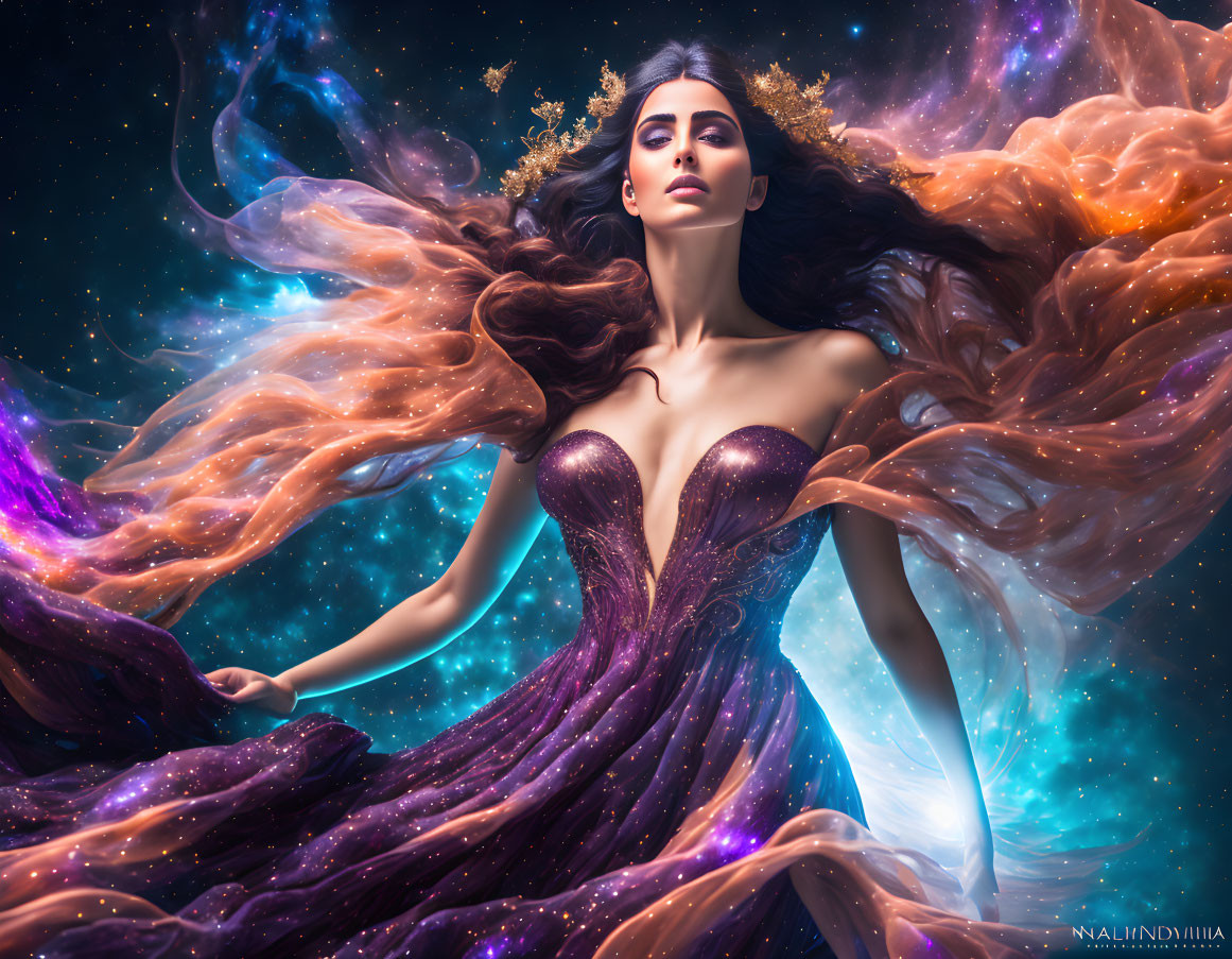 Surreal portrait of woman with flowing hair in cosmic space