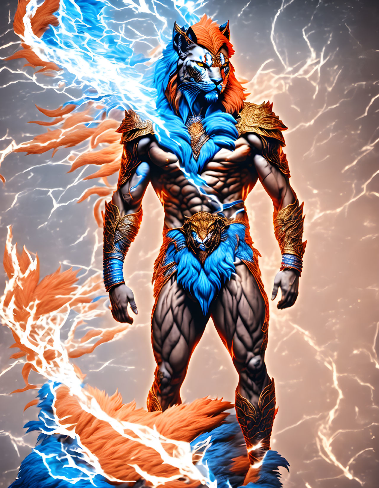 Anthropomorphic Wolf Character in Armor with Blue and Orange Fur