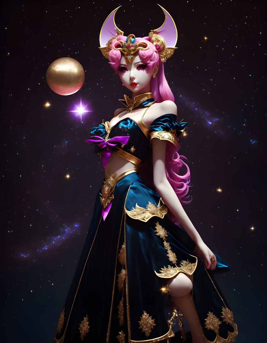 Stylized character with pink hair and moon headdress in black and gold attire on starry background