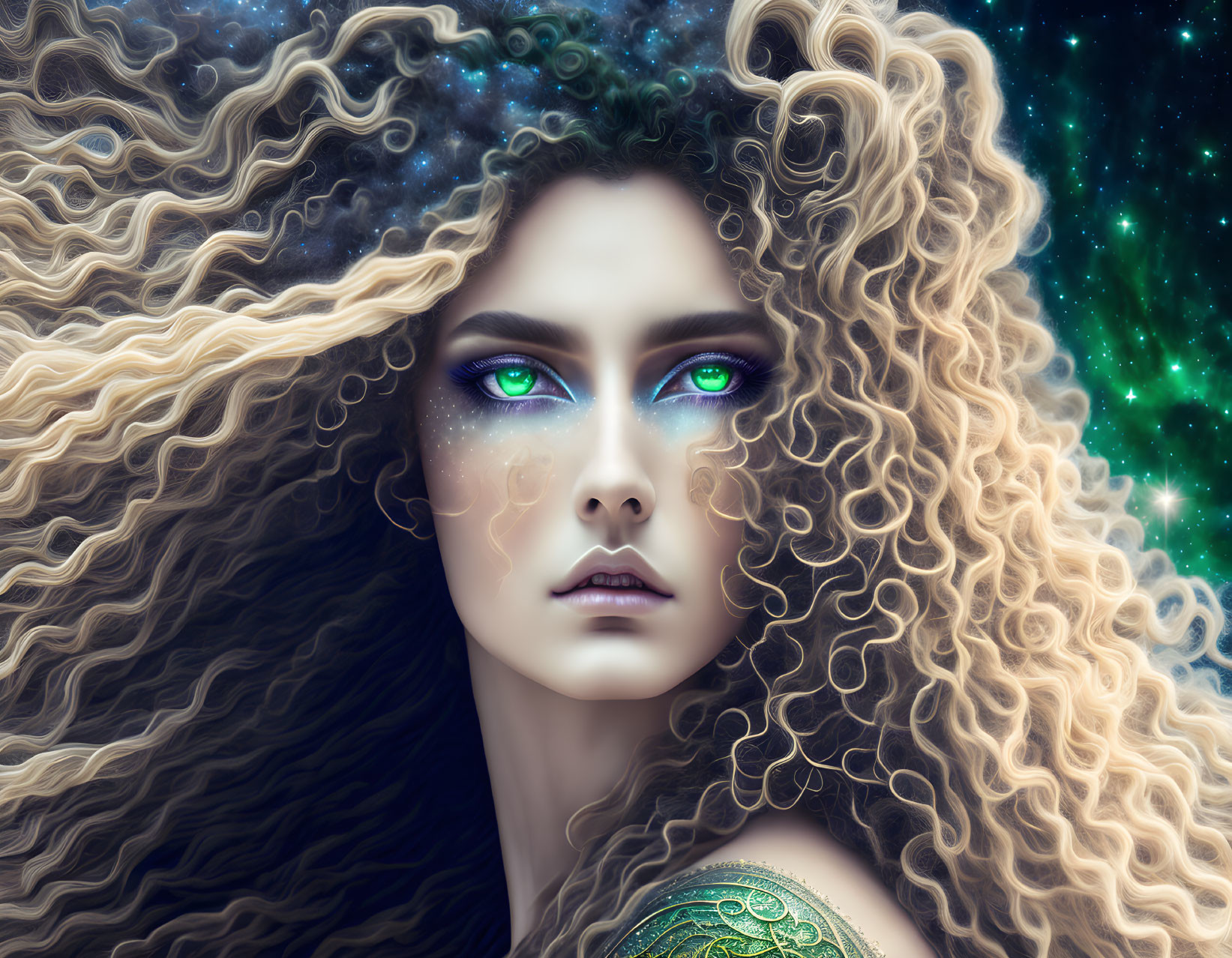 Digital artwork: Woman with curly hair in cosmic backdrop, green eyes & celestial motifs.