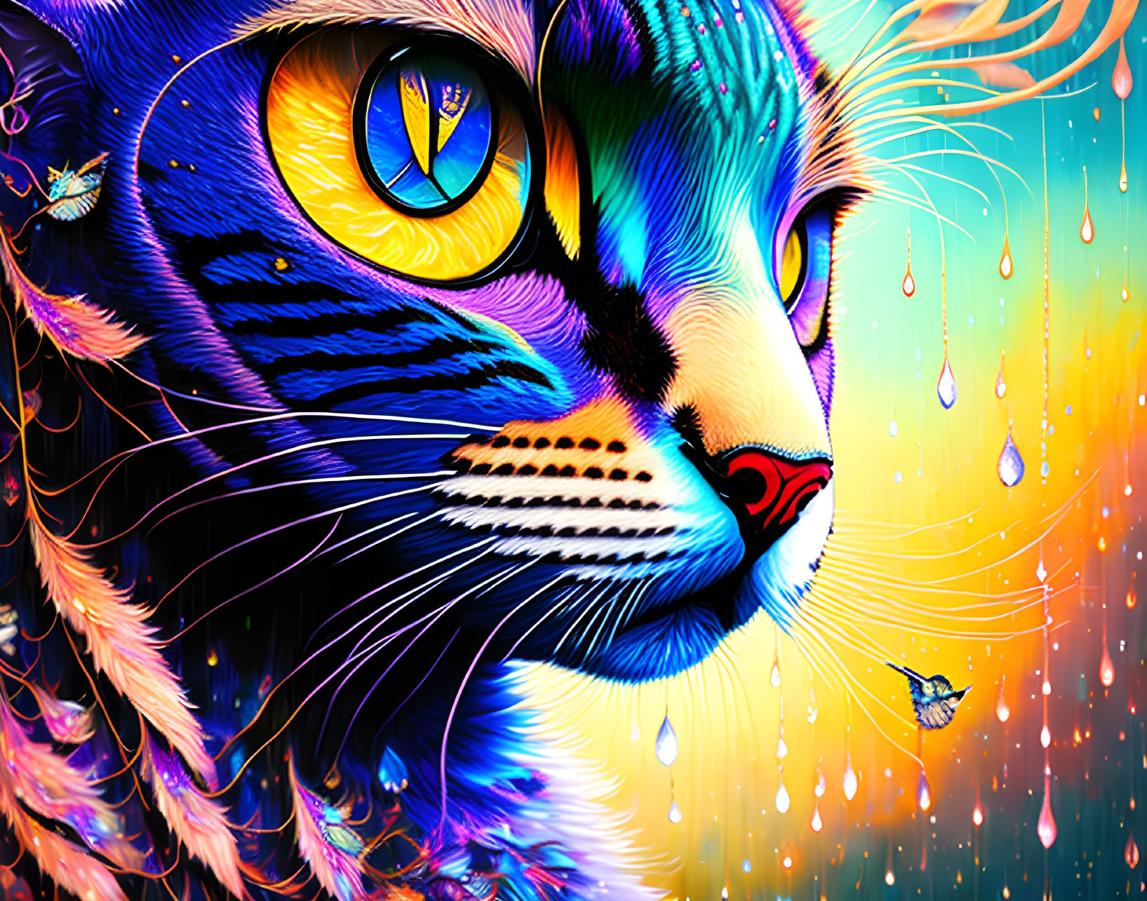 Colorful Digital Artwork: Blue Cat with Yellow Eye