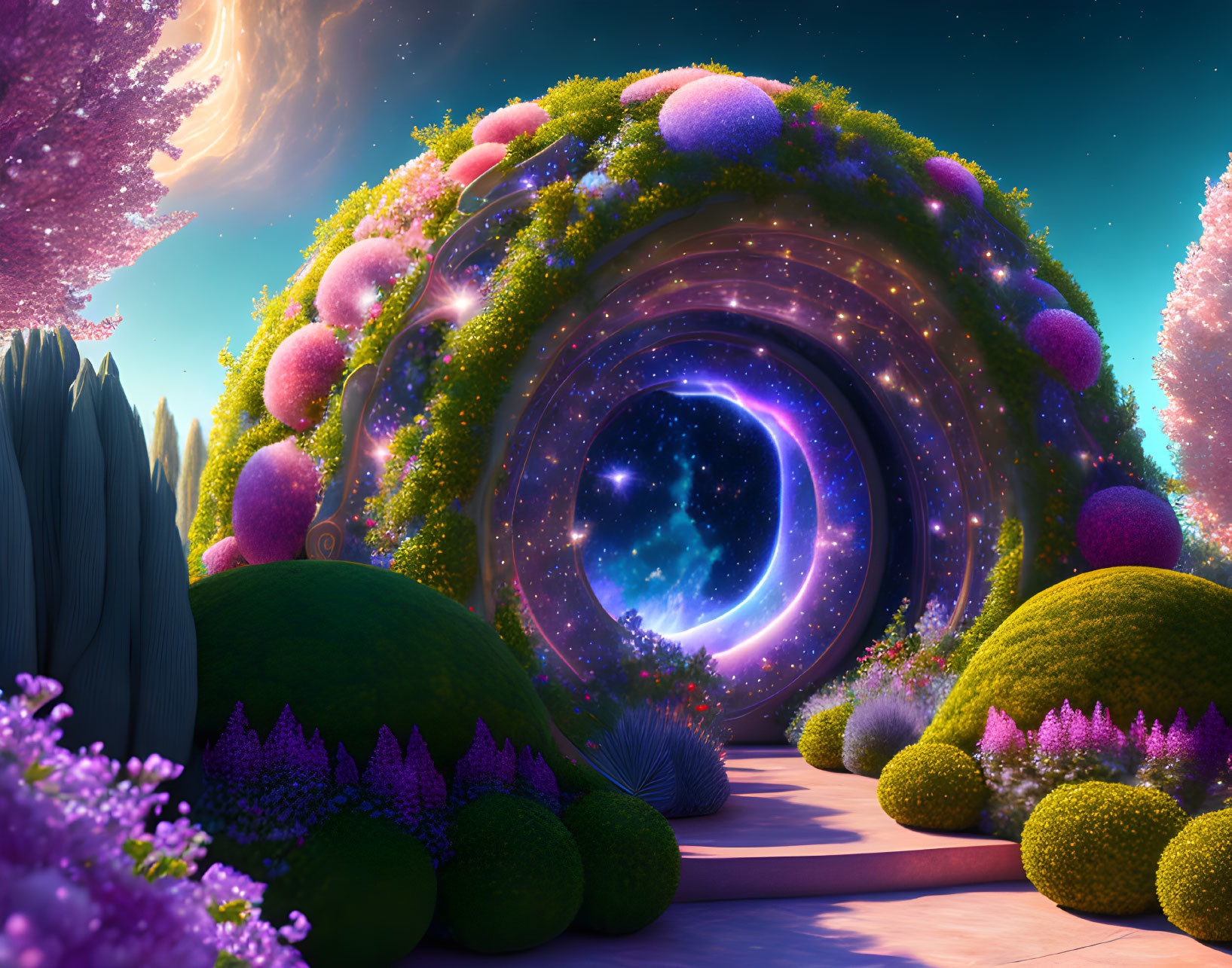 Whimsical portal with starry cosmos view and lush twilight flora