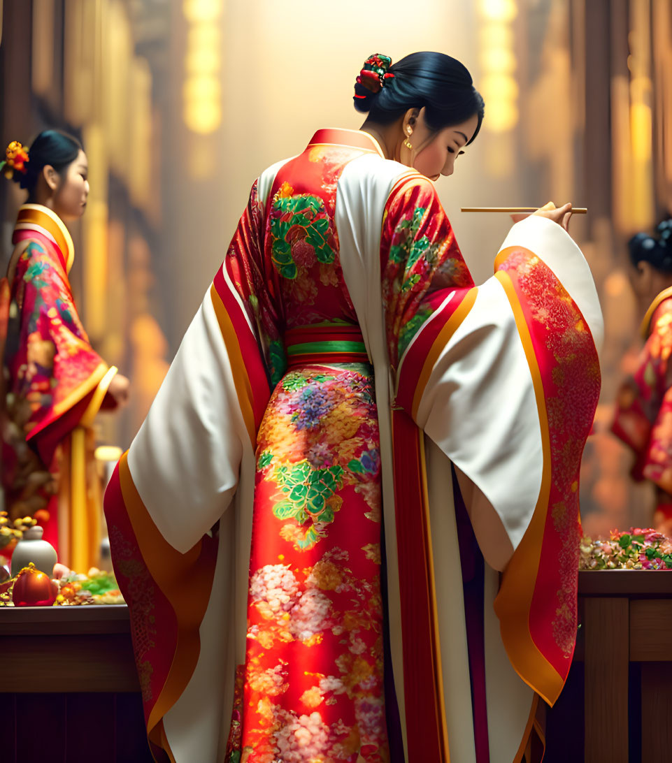 Colorful Kimono Woman Reflecting in Mirror with Floral Patterns