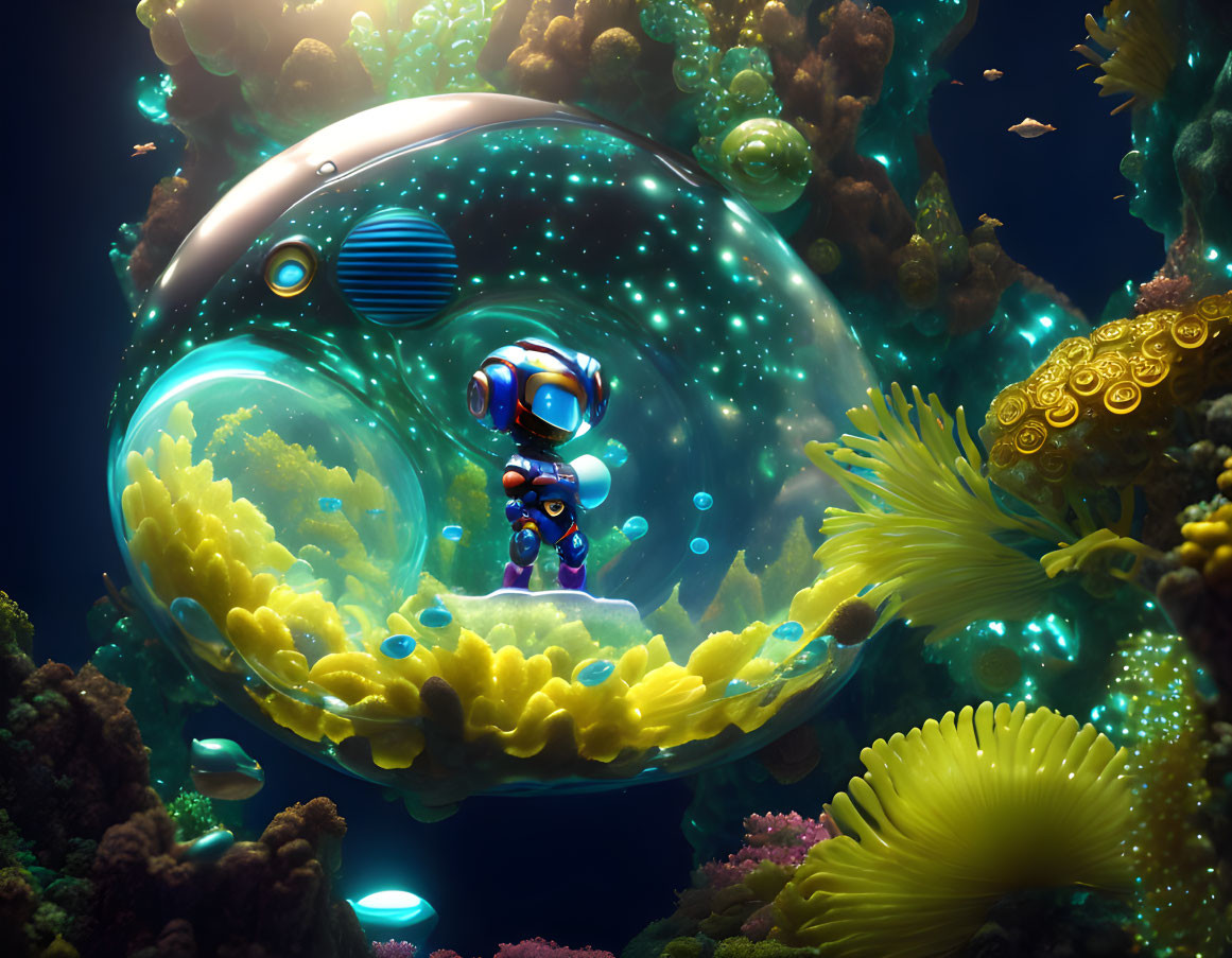 Colorful underwater scene: astronaut in bubble submarine explores vibrant coral reefs.