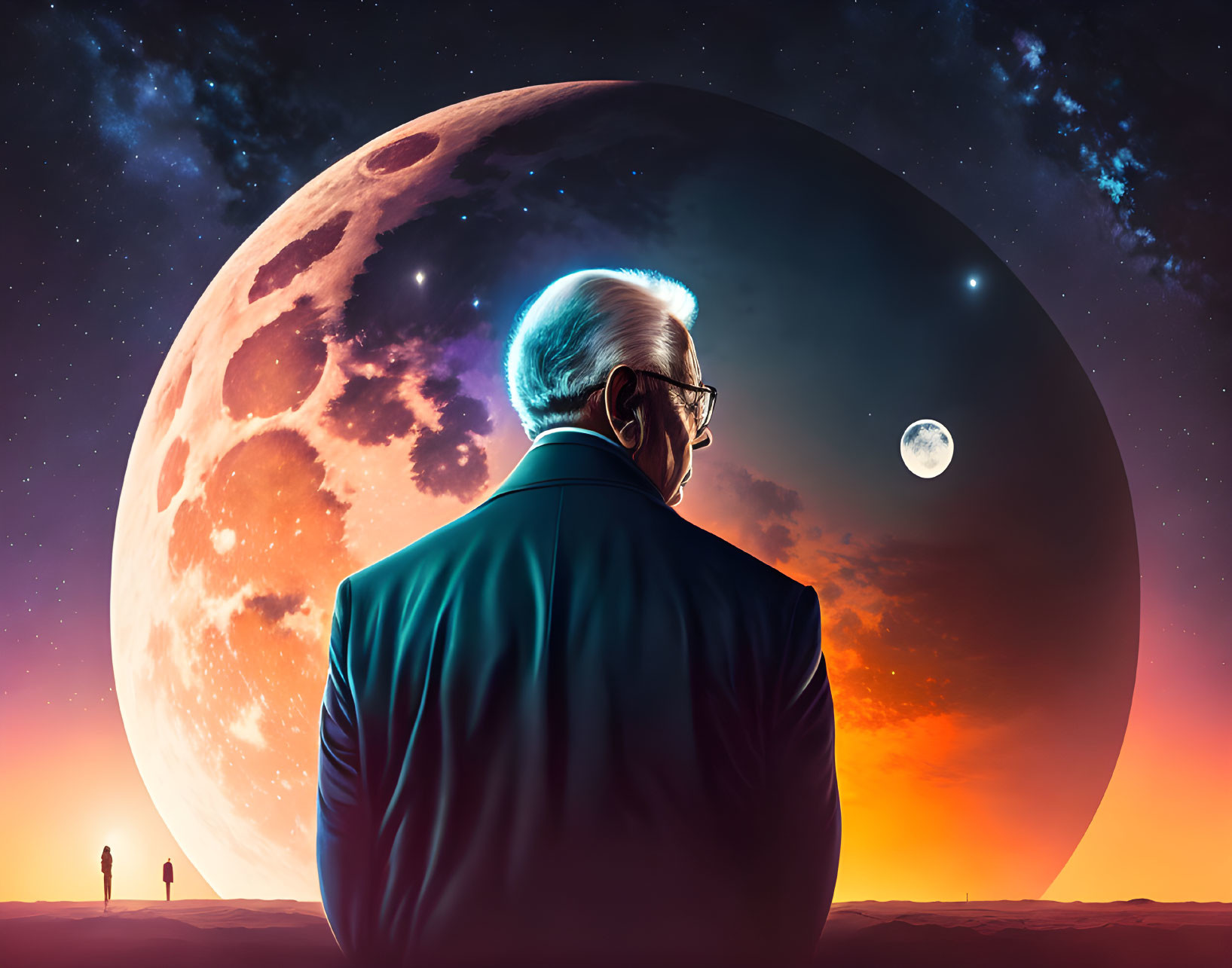 Man in suit gazes at giant moon over surreal landscape with silhouettes under starry sky