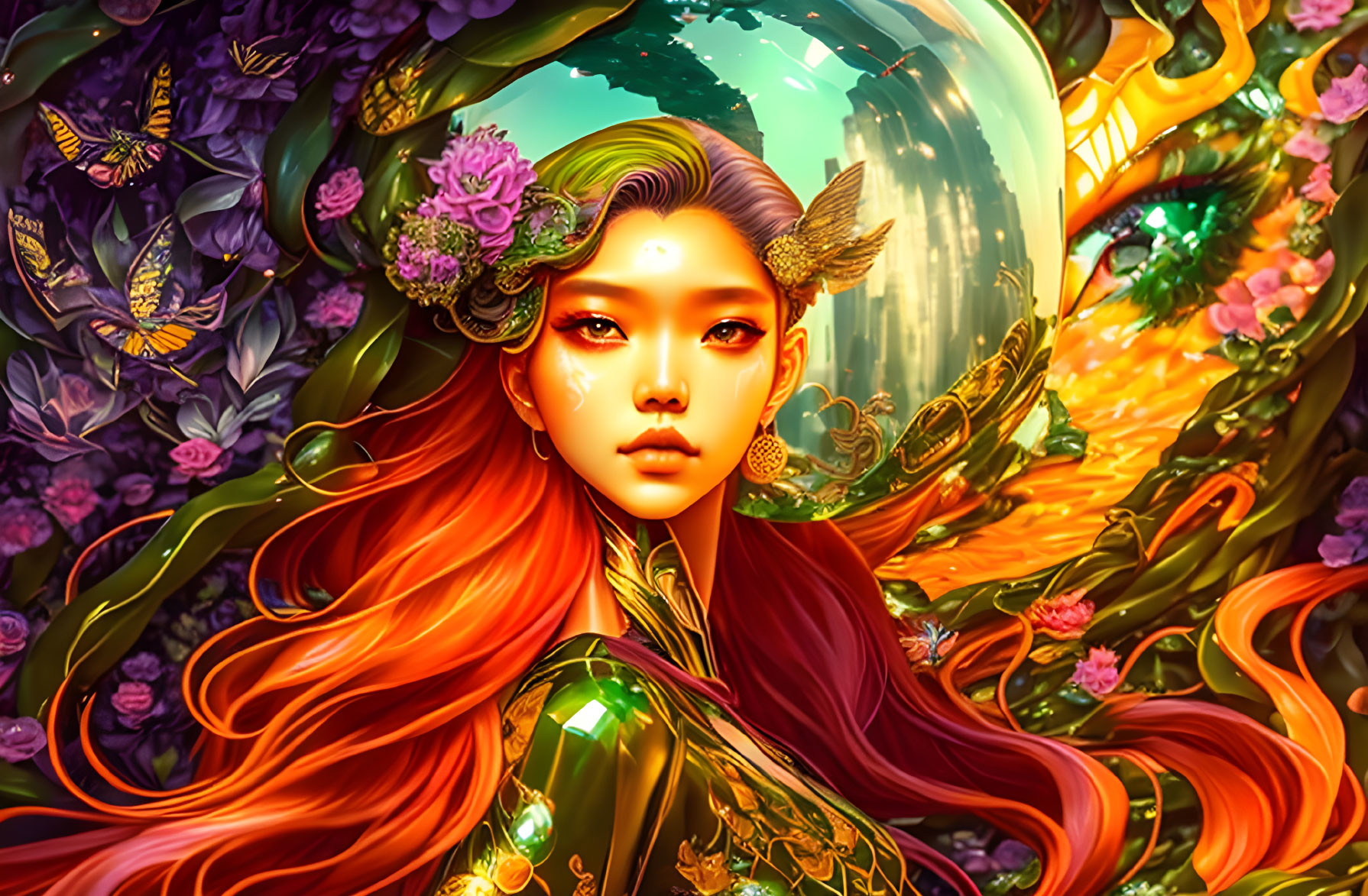 Illustrated woman with red hair in golden armor, surrounded by flora and cityscape reflection.