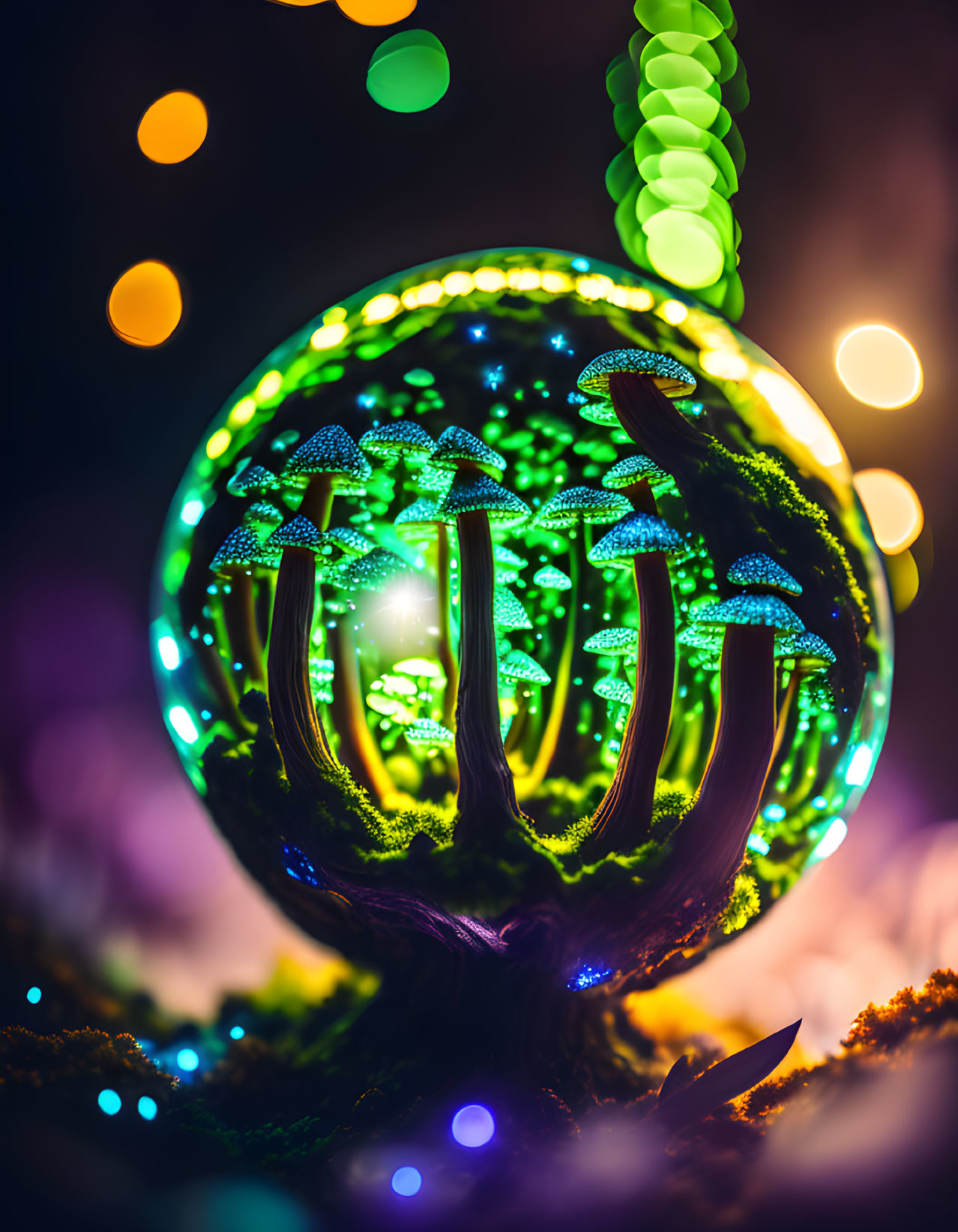 Glass globe with green trees and bokeh light effect.