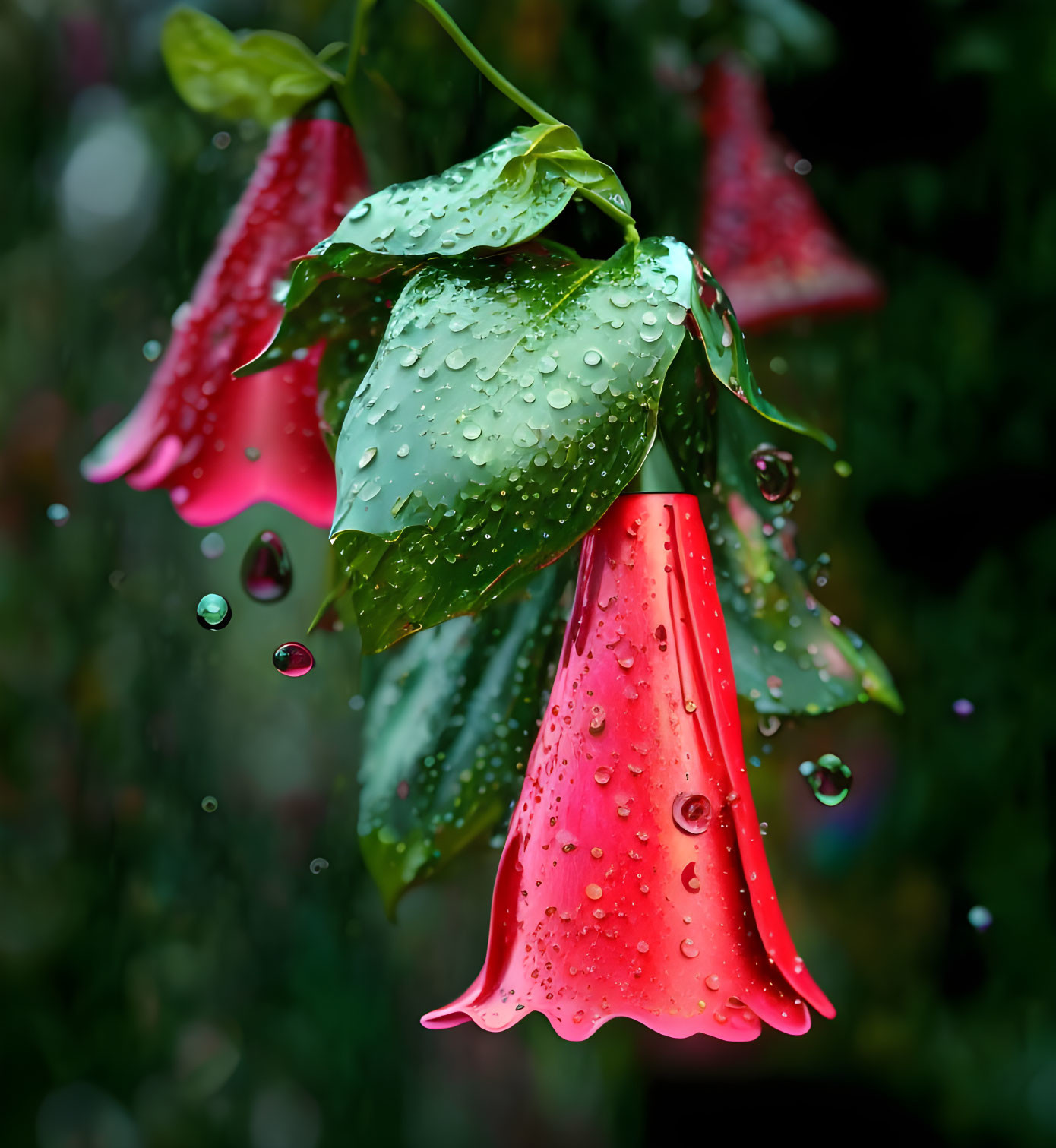 Bright red trumpet flower with raindrops on petals and leaves on green backdrop