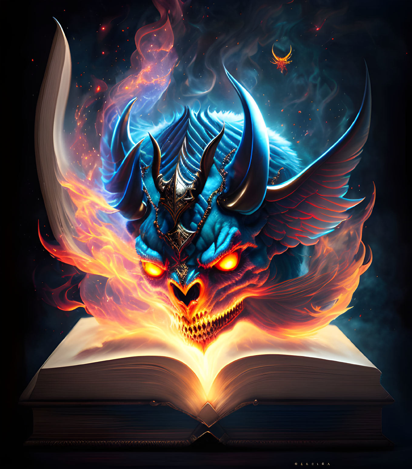 Colorful mythical dragon emerges from open book with fiery wings and blue eyes.