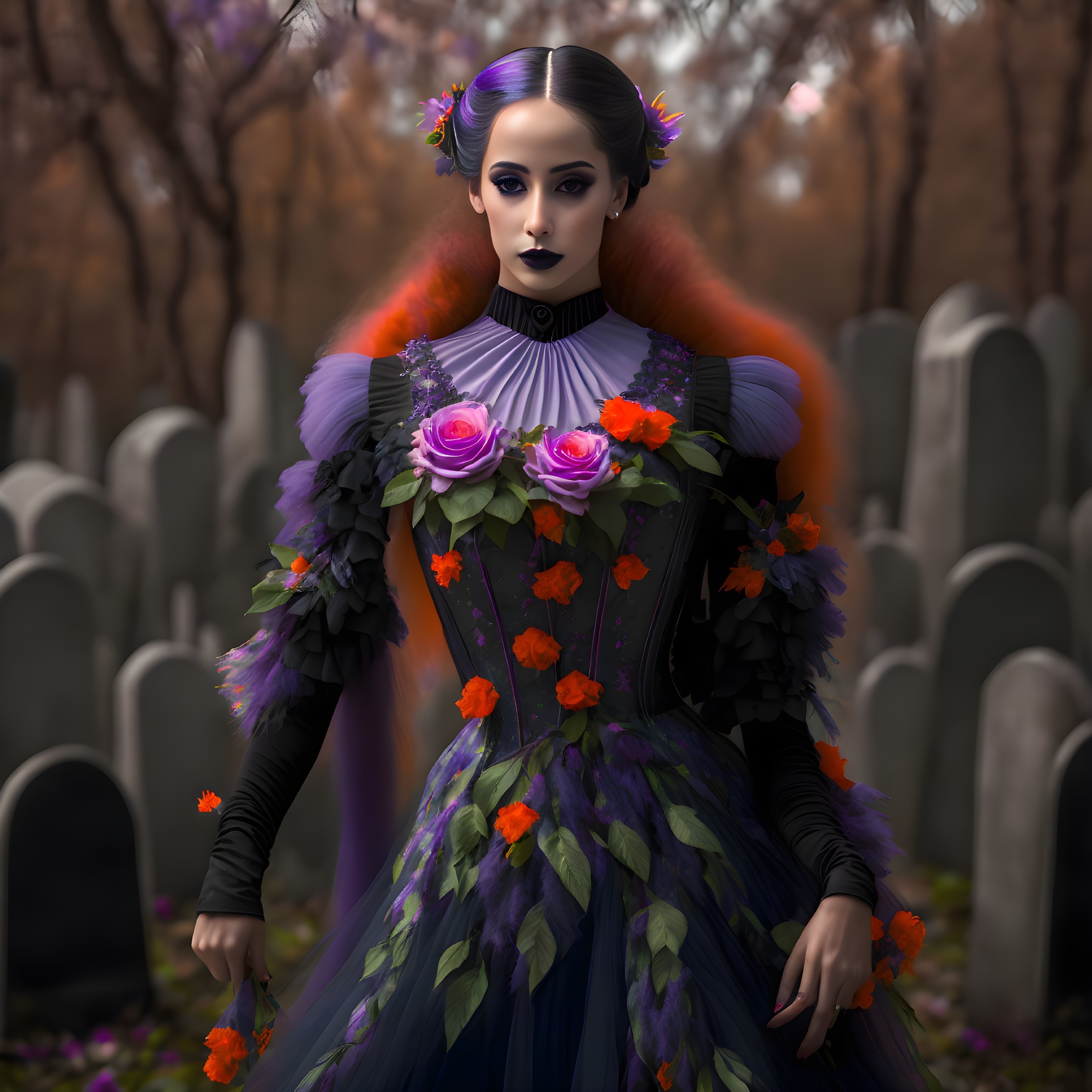 Woman in flamboyant gothic outfit at cemetery with rose-adorned dress and autumn trees