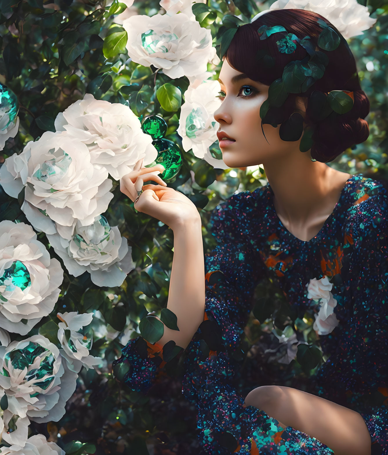 Woman in floral headpiece admires white roses in sequined dress