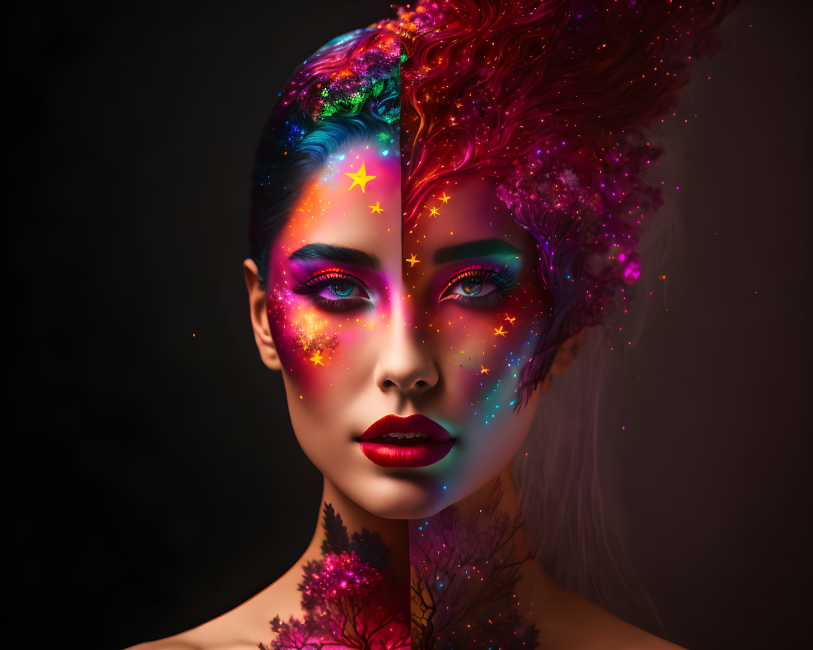 Vibrant cosmic makeup on a woman with glittering stars in digital art