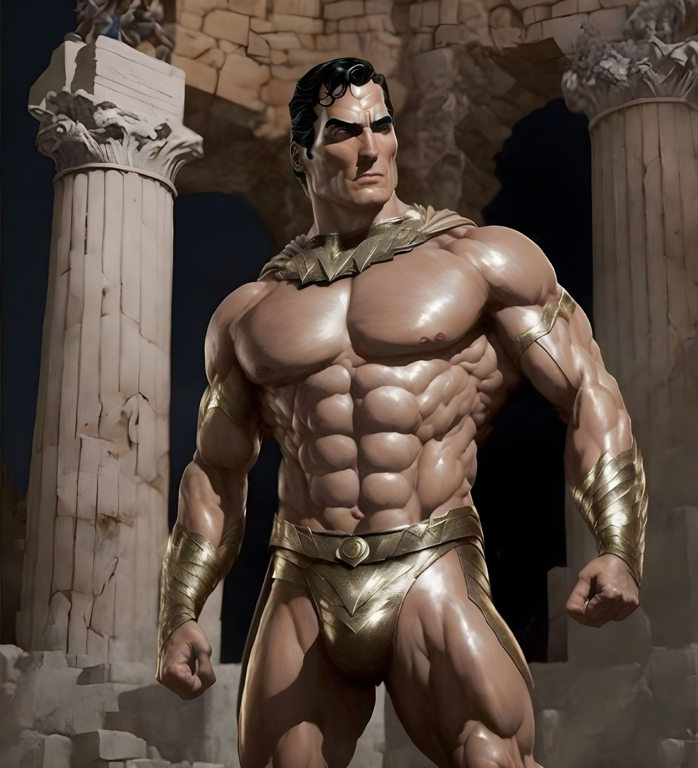 Muscular superhero in brown cape among ancient ruins