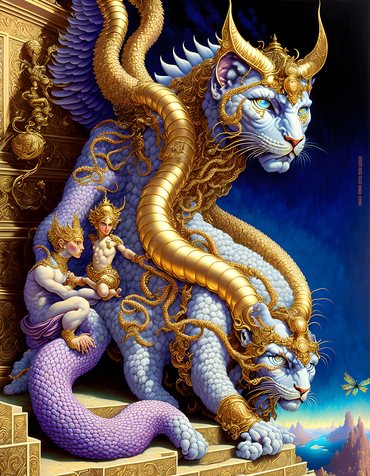 Majestic blue and purple chimera creature with golden accents and winged humanoid companions