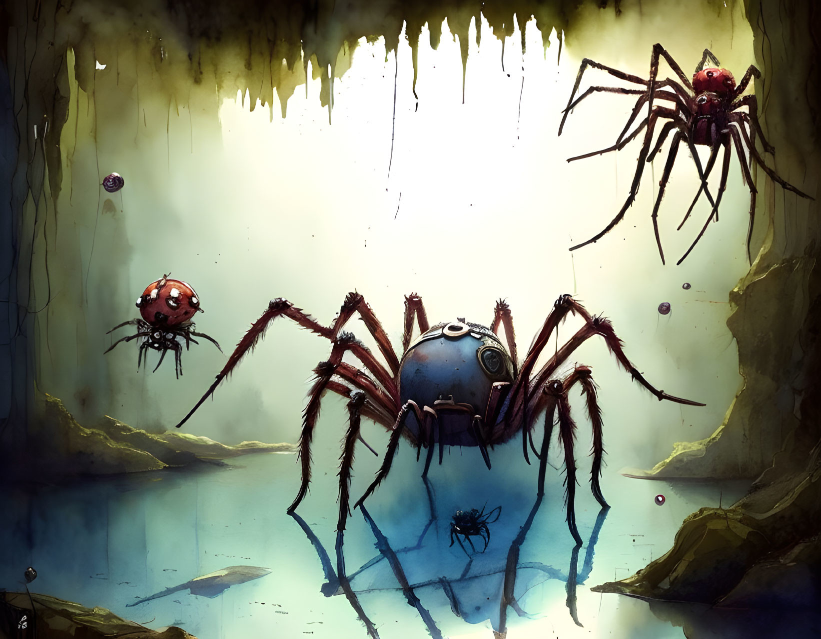 Giant spiders with glowing eyes in dimly lit cavern