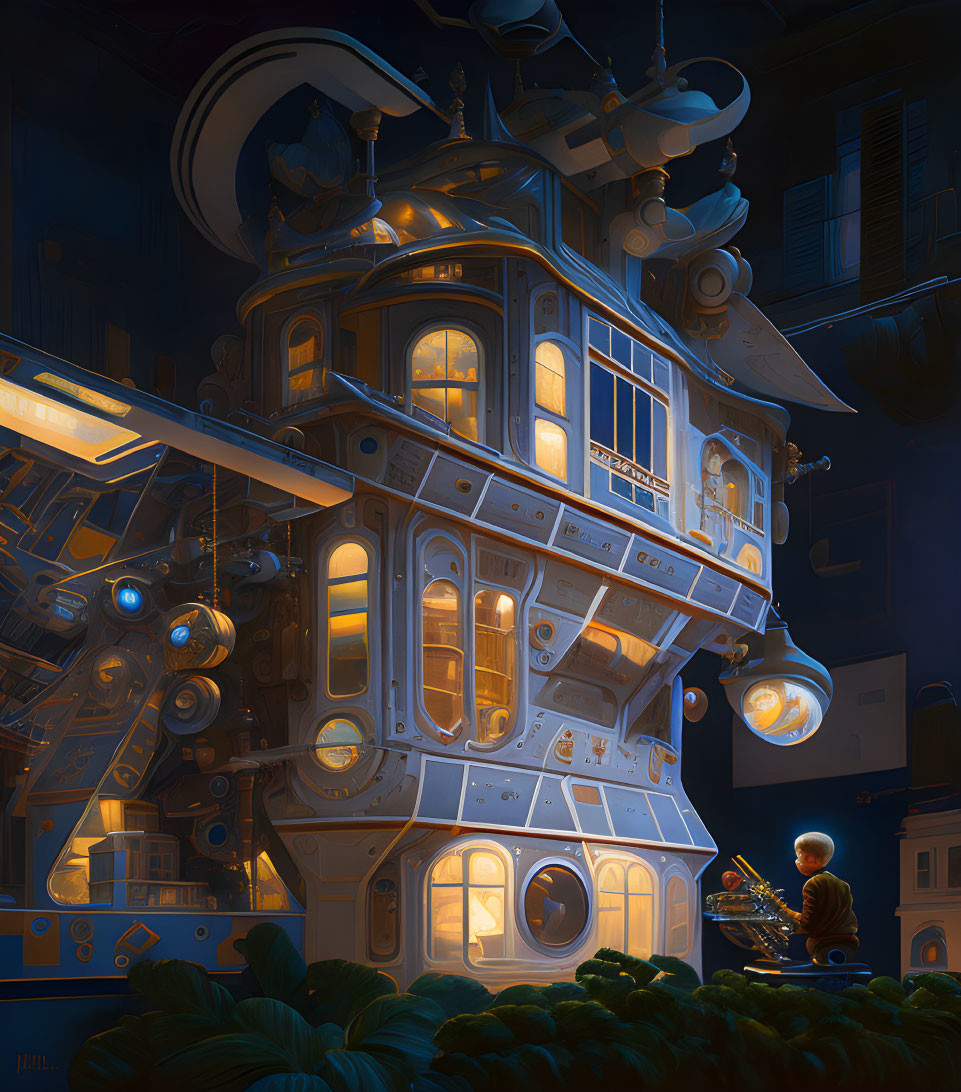 Whimsical multi-storied house with fantastical contraptions and person interacting with complex device