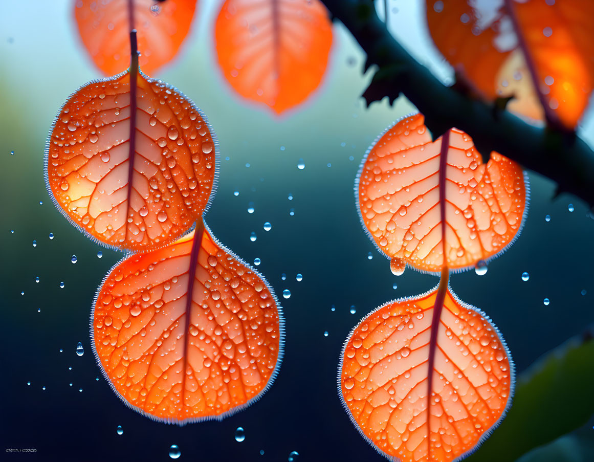 Detailed close-up of vibrant orange leaves with dewdrops on veins against blurred blue backdrop