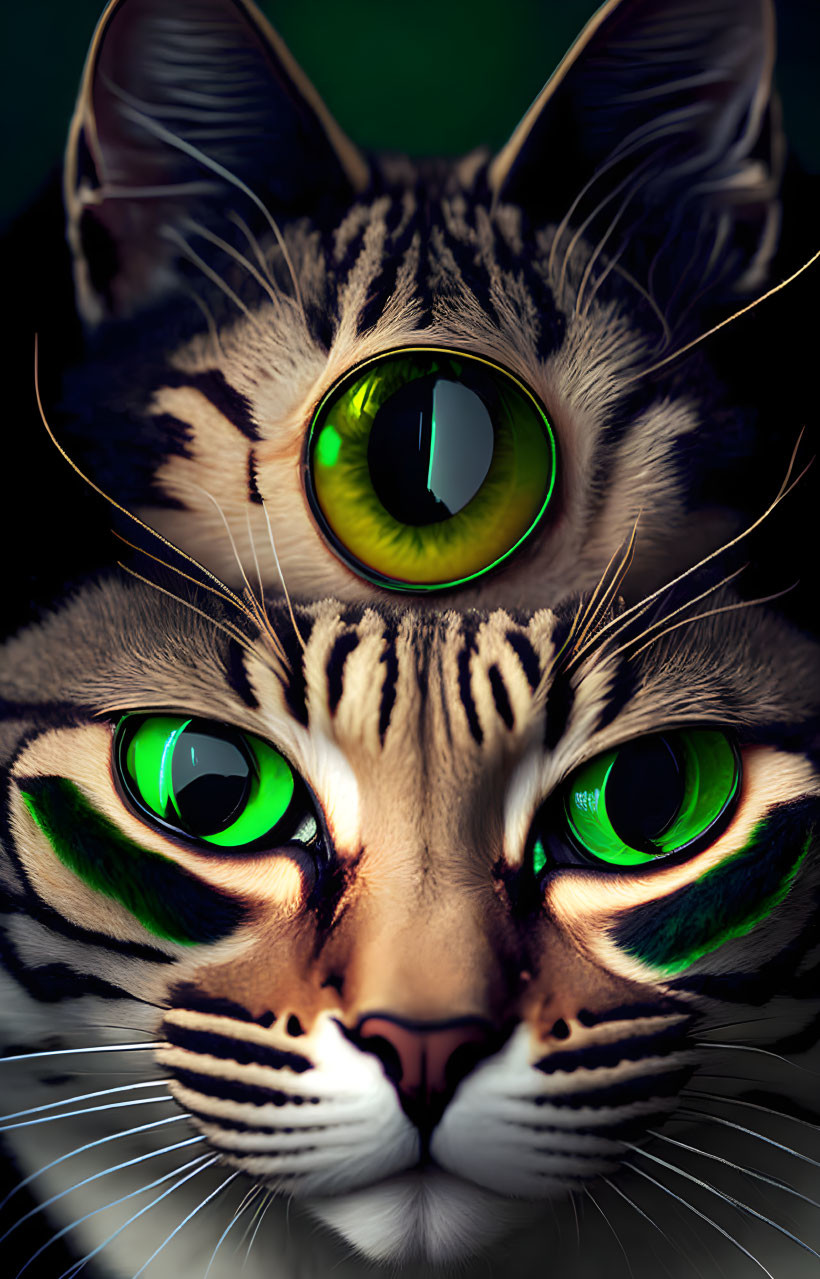 Digital Art: Two Cats with Large Green Eyes on Dark Background