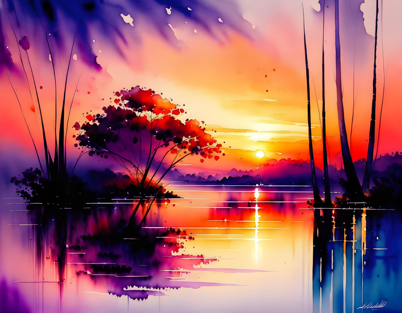 Colorful sunset digital painting over calm lake with silhouetted trees.