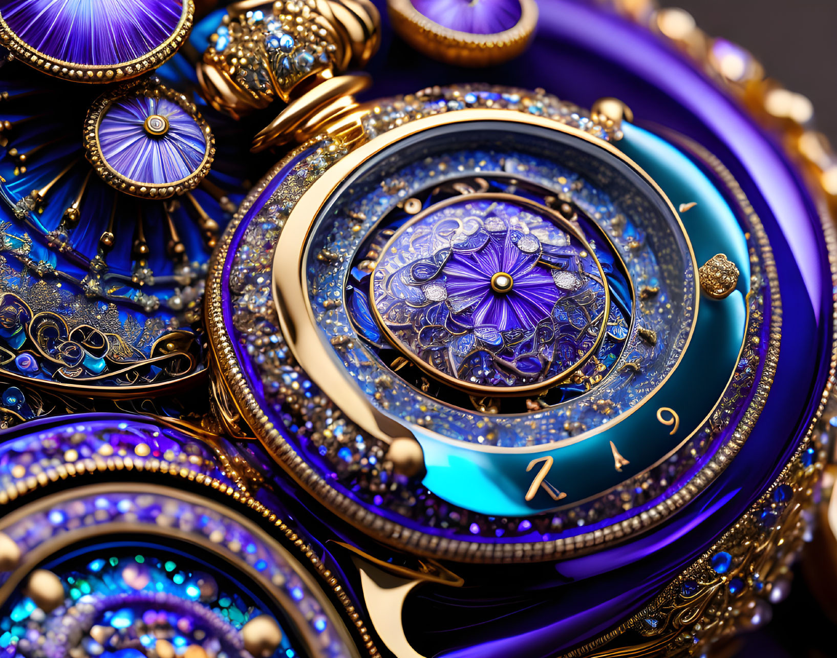 Luxury Watch with Gold, Gemstones, and Ornate Blue Design